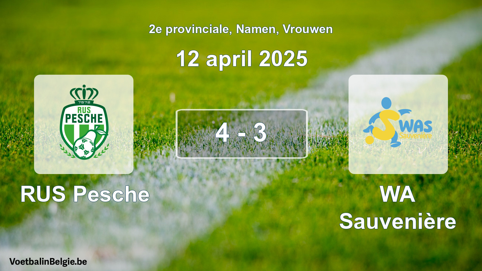 Gespeelde wedstrijd vrouwenvoetbal: RUS Pesche - WA Sauvenière 4 - 3 (12 april 2025)