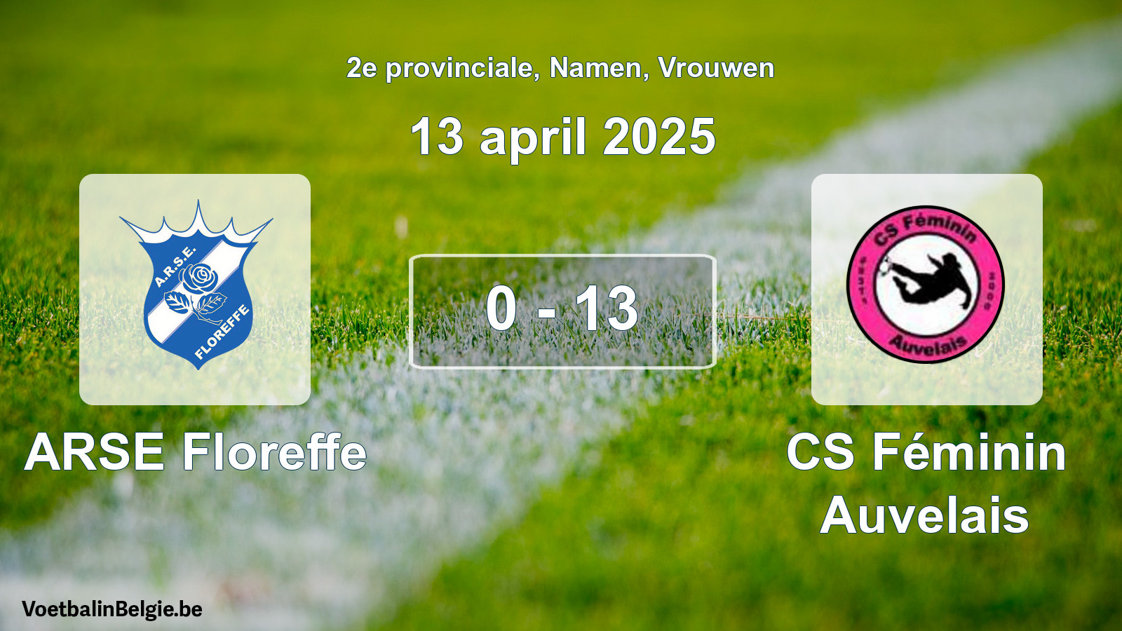 Gespeelde wedstrijd vrouwenvoetbal: ARSE Floreffe - CS Féminin Auvelais 0 - 13 (13 april 2025)