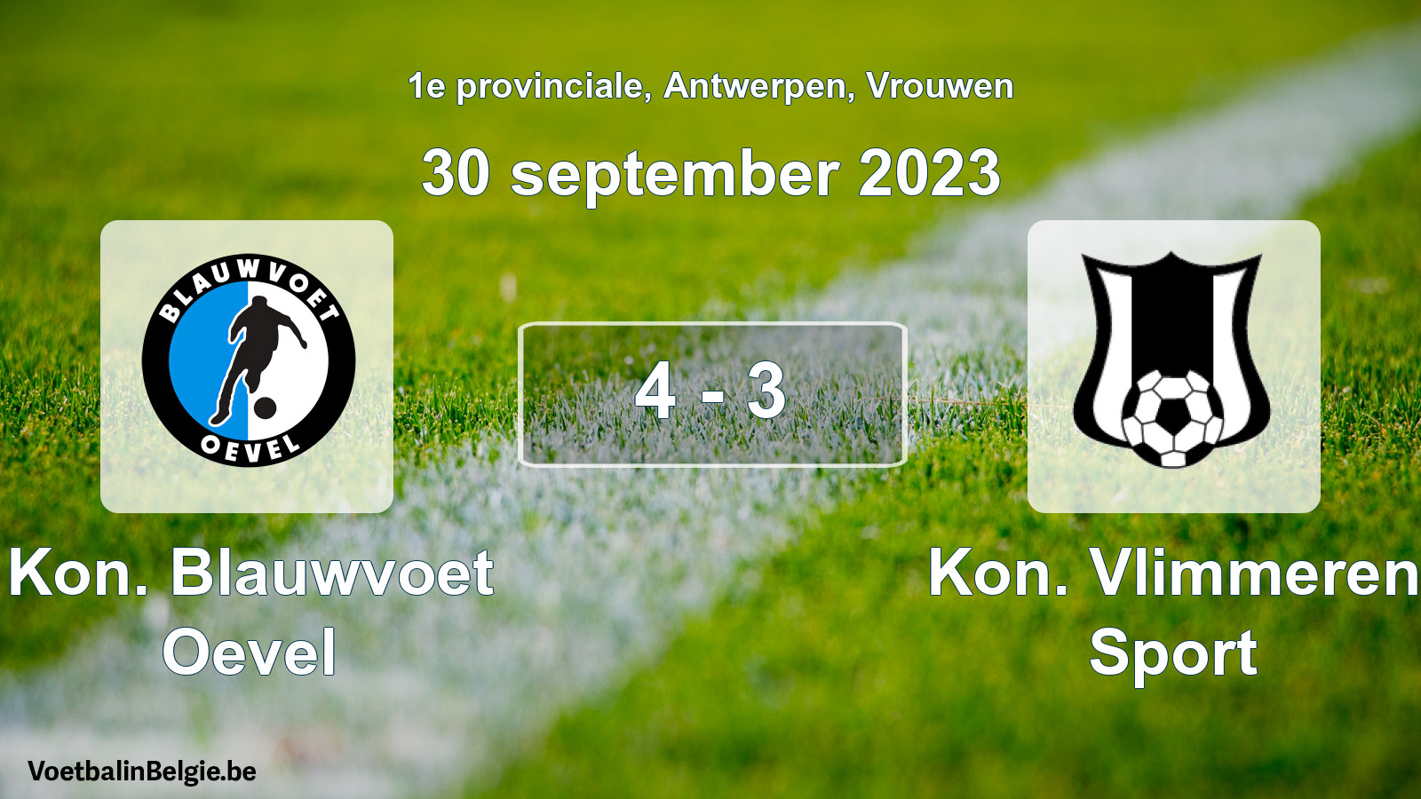 Gespeelde wedstrijd vrouwenvoetbal: Kon. Blauwvoet Oevel - Kon. Vlimmeren Sport 4 - 3 (30 september 2023)