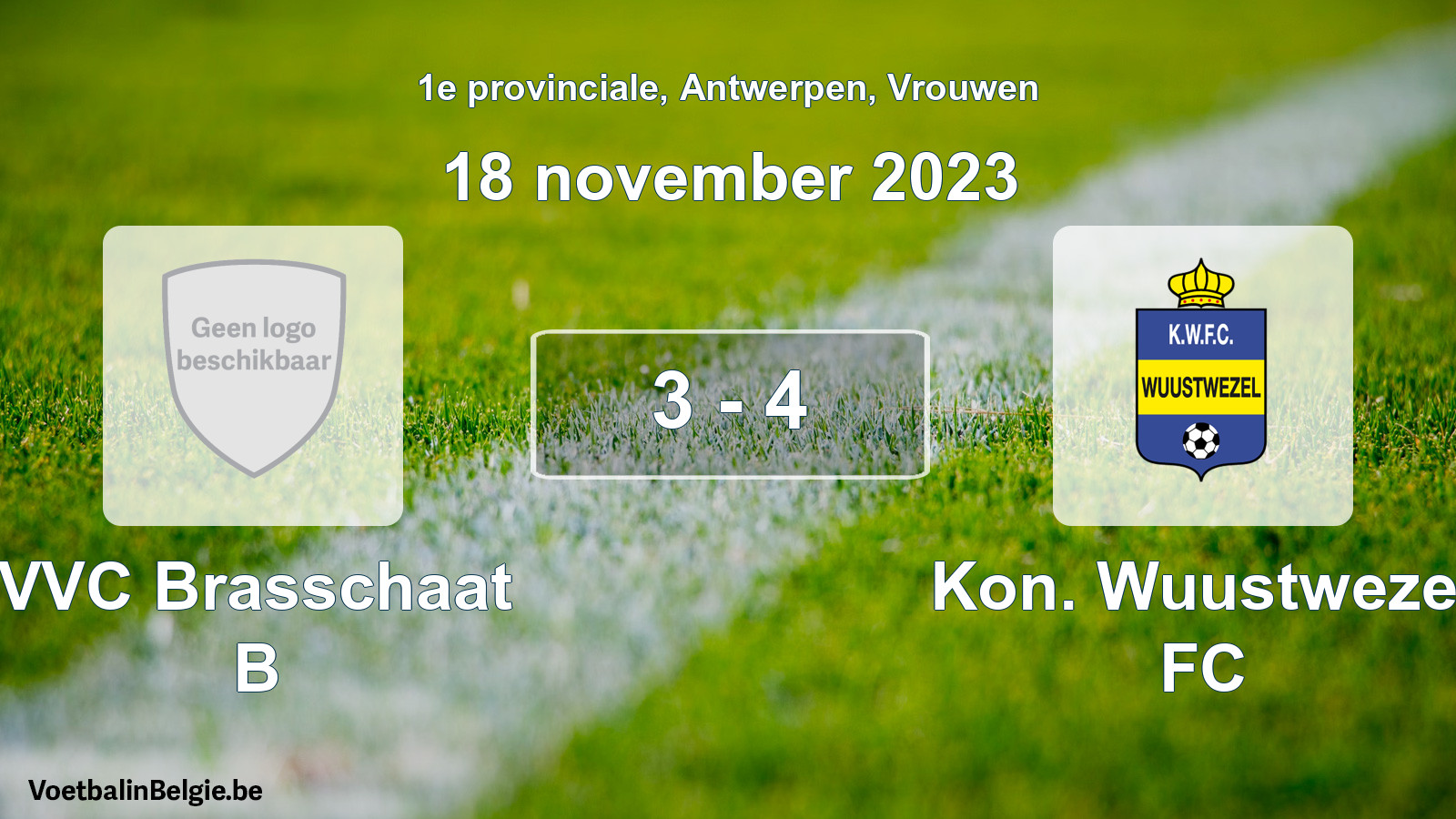 Gespeelde wedstrijd vrouwenvoetbal: VVC Brasschaat B - Kon. Wuustwezel FC 3 - 4 (18 november 2023)