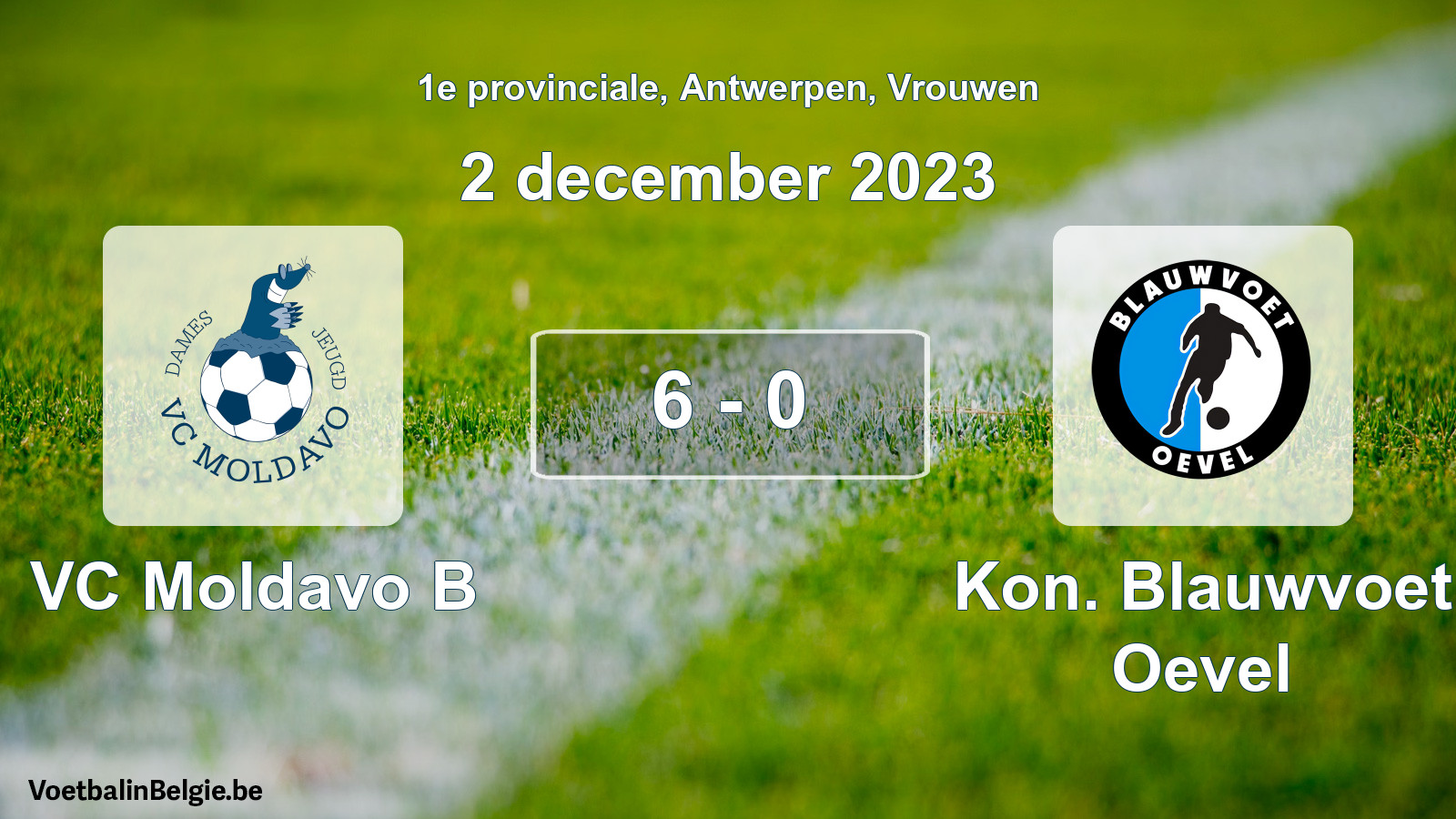 Gespeelde wedstrijd vrouwenvoetbal: VC Moldavo B - Kon. Blauwvoet Oevel 6 - 0 (2 december 2023)