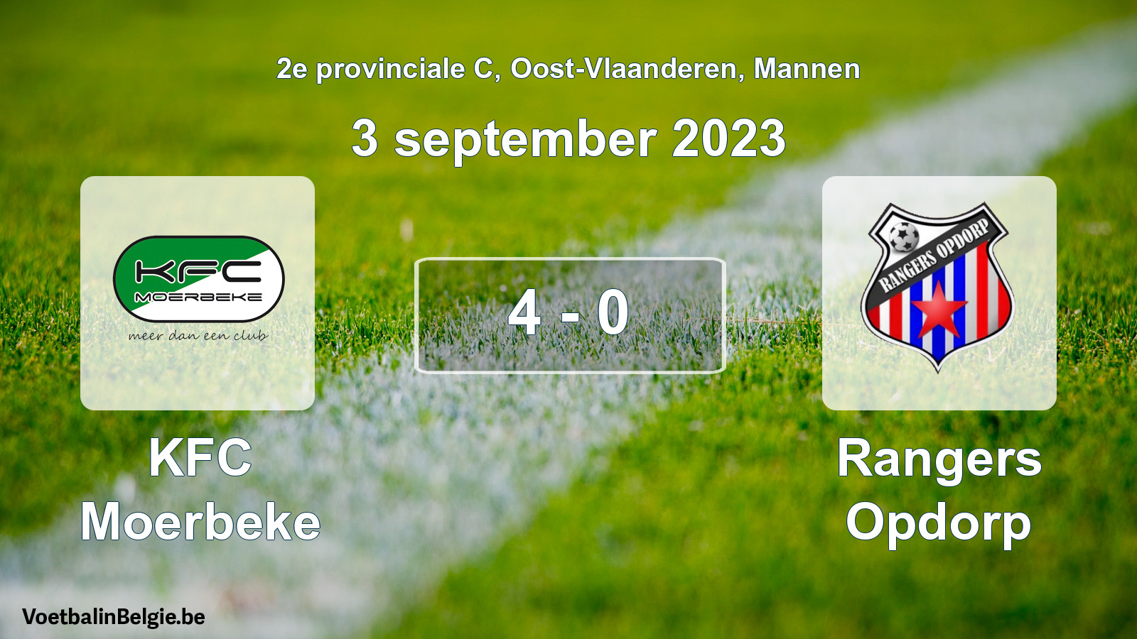Gespeelde wedstrijd mannenvoetbal: KFC Moerbeke - Rangers Opdorp 4 - 0 (3 september 2023)