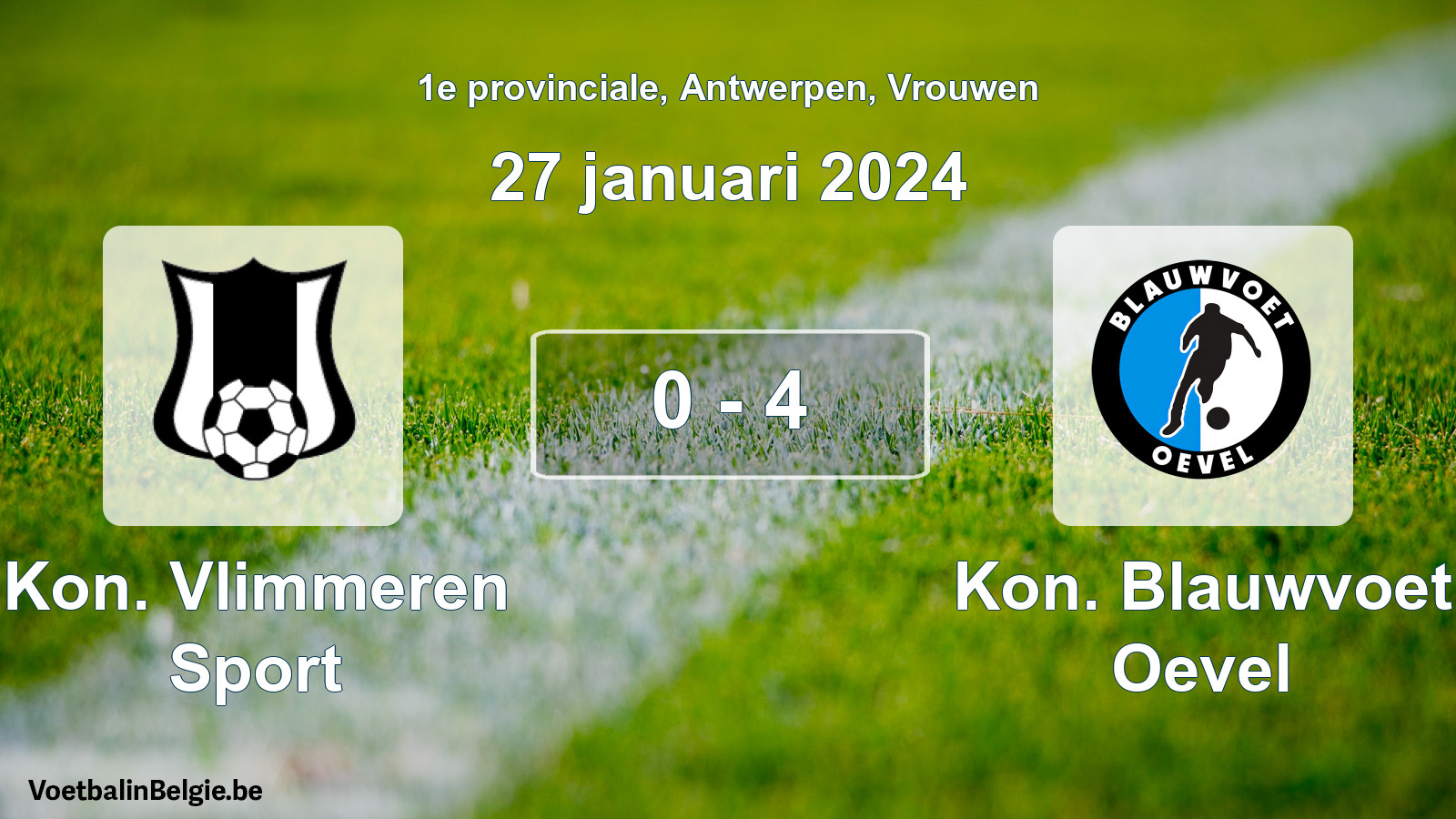 Gespeelde wedstrijd vrouwenvoetbal: Kon. Vlimmeren Sport - Kon. Blauwvoet Oevel 0 - 4 (27 januari 2024)