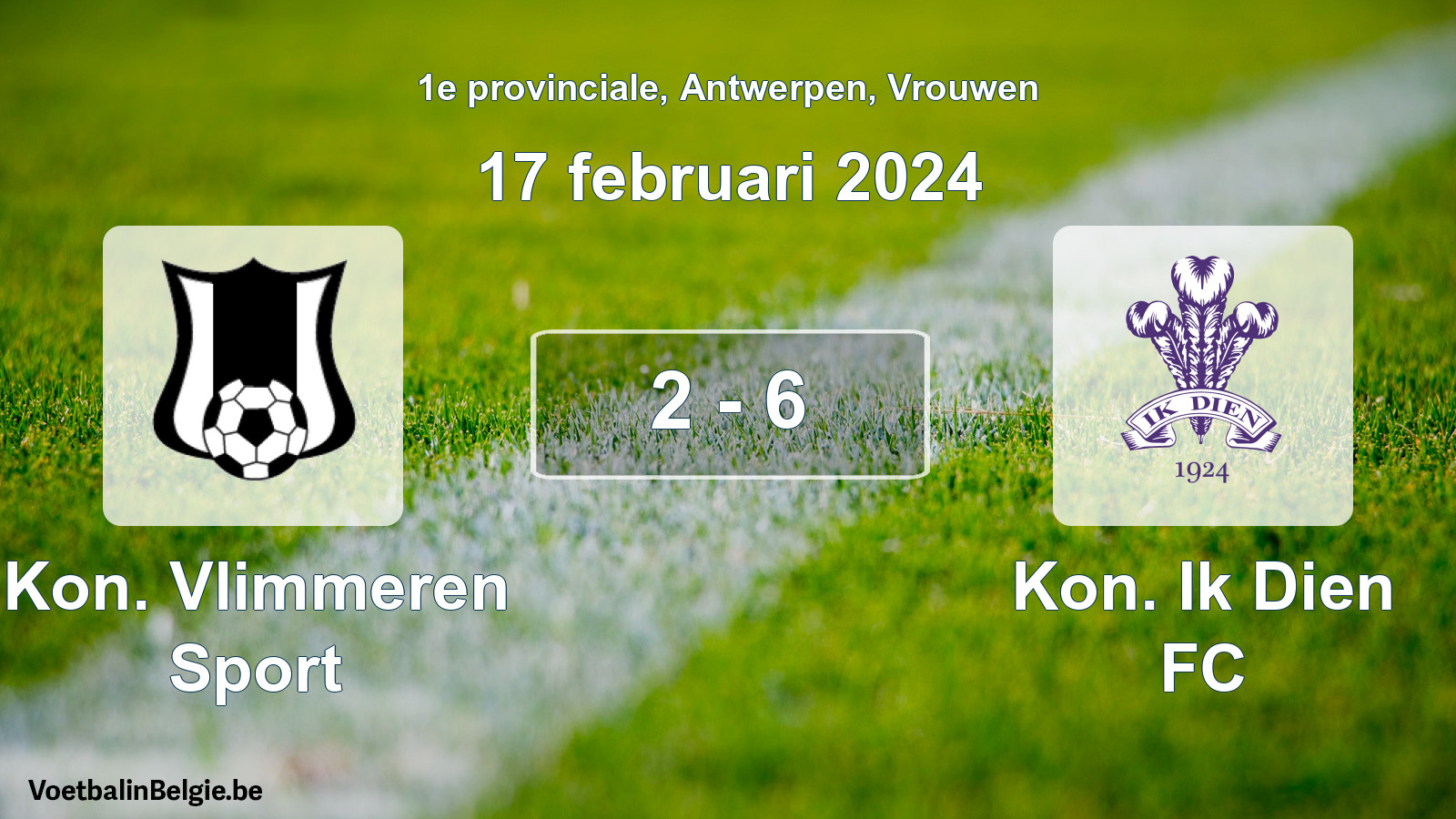 Gespeelde wedstrijd vrouwenvoetbal: Kon. Vlimmeren Sport - Kon. Ik Dien FC 2 - 6 (17 februari 2024)