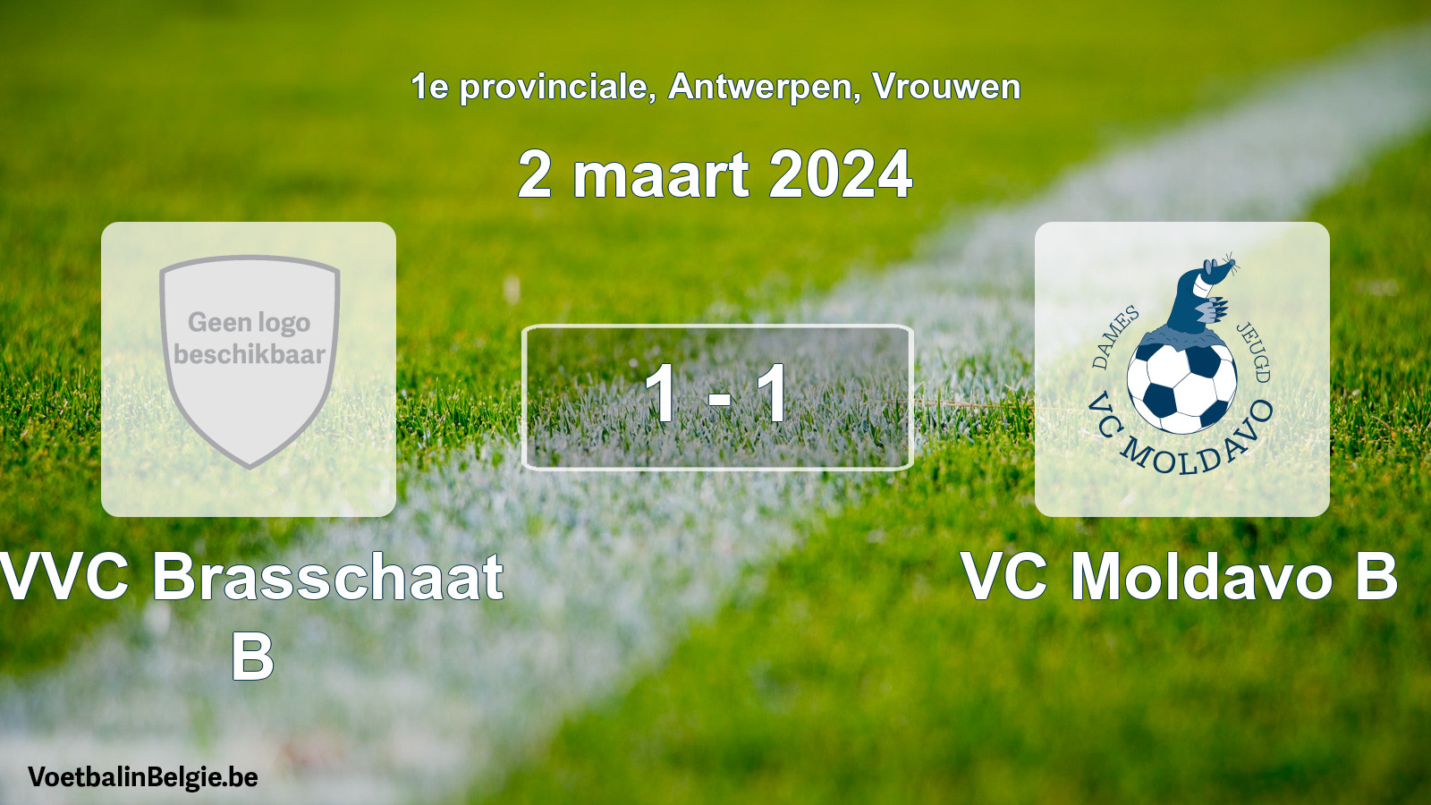 Gespeelde wedstrijd vrouwenvoetbal: VVC Brasschaat B - VC Moldavo B 1 - 1 (2 maart 2024)