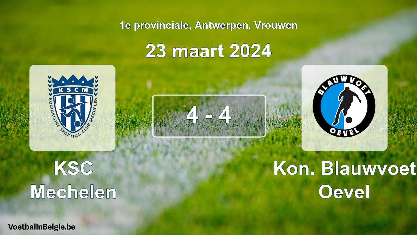 Gespeelde wedstrijd vrouwenvoetbal: KSC Mechelen - Kon. Blauwvoet Oevel 4 - 4 (23 maart 2024)