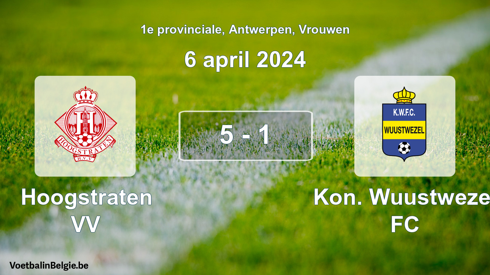Gespeelde wedstrijd vrouwenvoetbal: Hoogstraten VV - Kon. Wuustwezel FC 5 - 1 (6 april 2024)