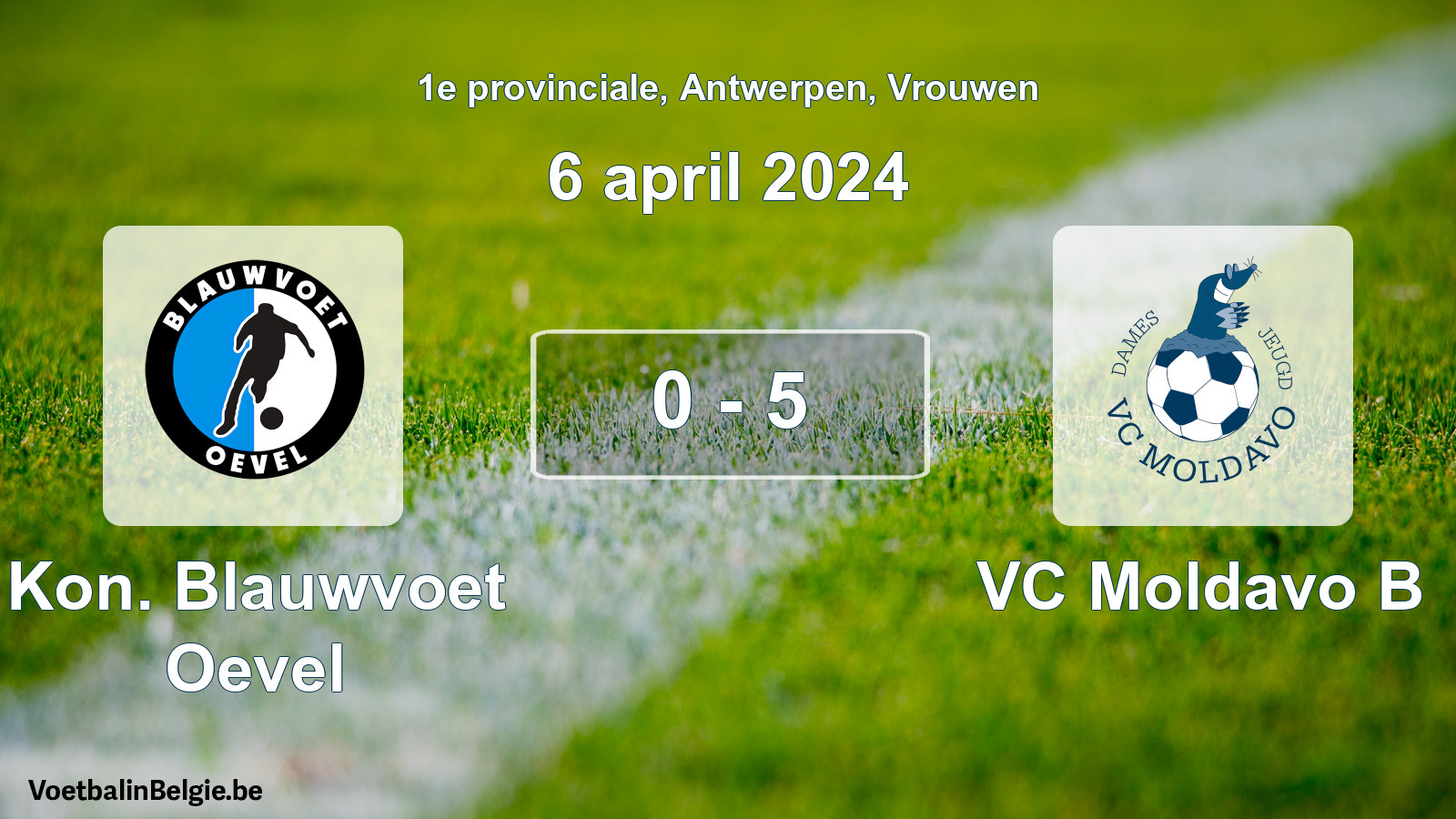 Gespeelde wedstrijd vrouwenvoetbal: Kon. Blauwvoet Oevel - VC Moldavo B 0 - 5 (6 april 2024)