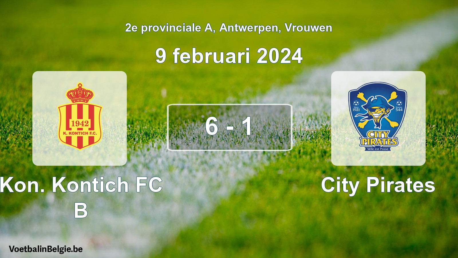 Gespeelde wedstrijd vrouwenvoetbal: Kon. Kontich FC B - City Pirates 6 - 1 (9 februari 2024)