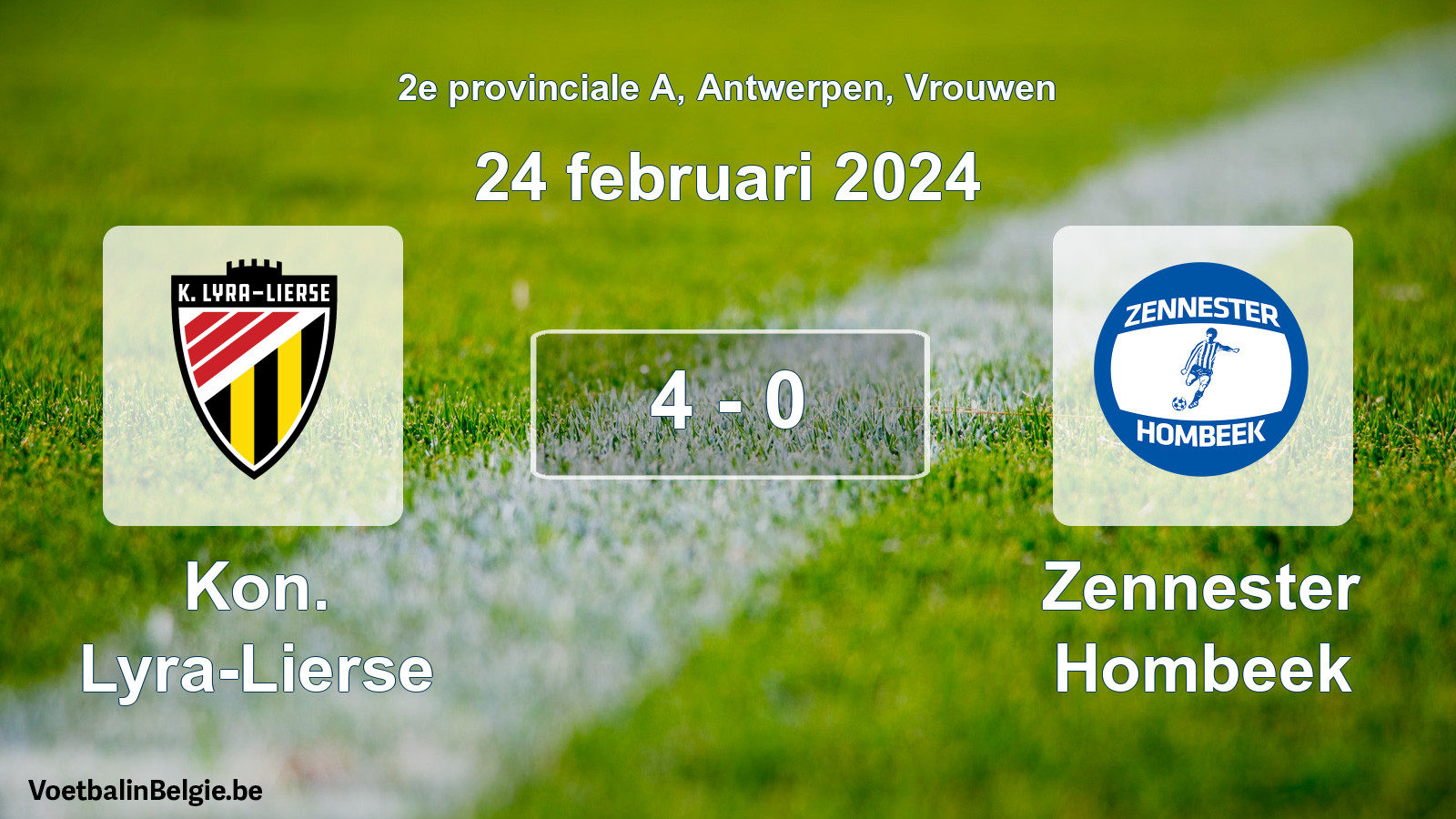 Gespeelde wedstrijd vrouwenvoetbal: Kon. Lyra-Lierse - Zennester Hombeek 4 - 0 (24 februari 2024)