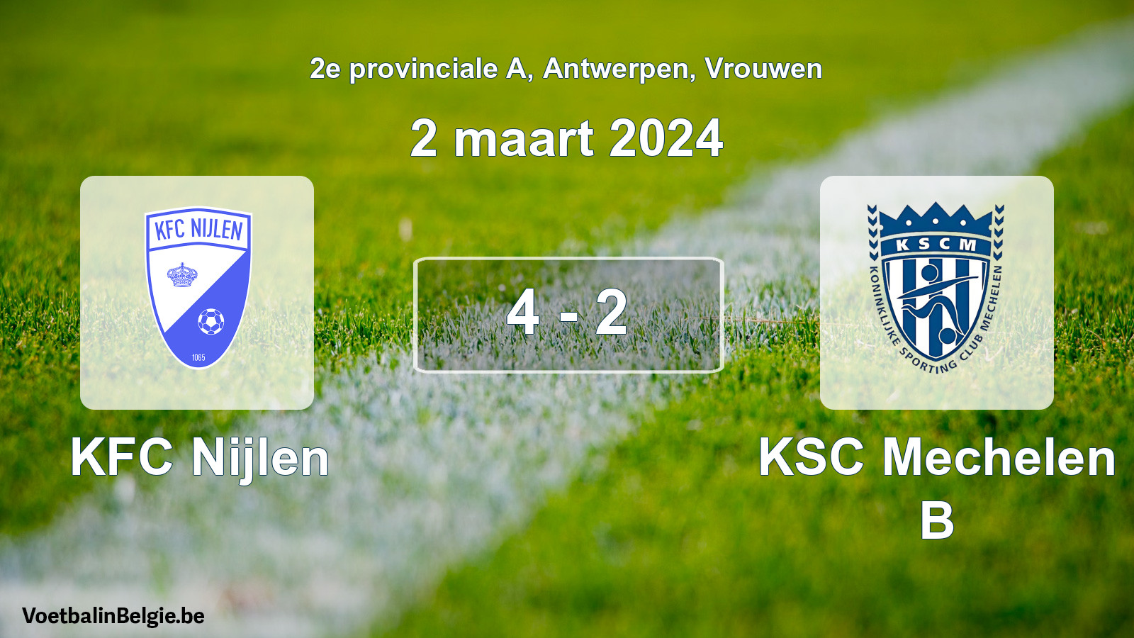 Gespeelde wedstrijd vrouwenvoetbal: KFC Nijlen - KSC Mechelen B 4 - 2 (2 maart 2024)
