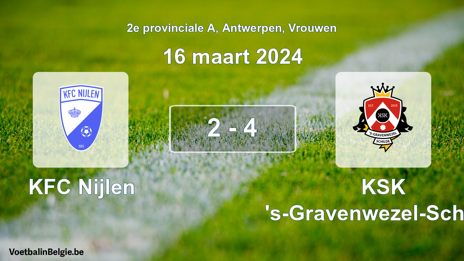 Gespeelde wedstrijd vrouwenvoetbal: KFC Nijlen - KSK 's-Gravenwezel-Schilde 2 - 4 (16 maart 2024)