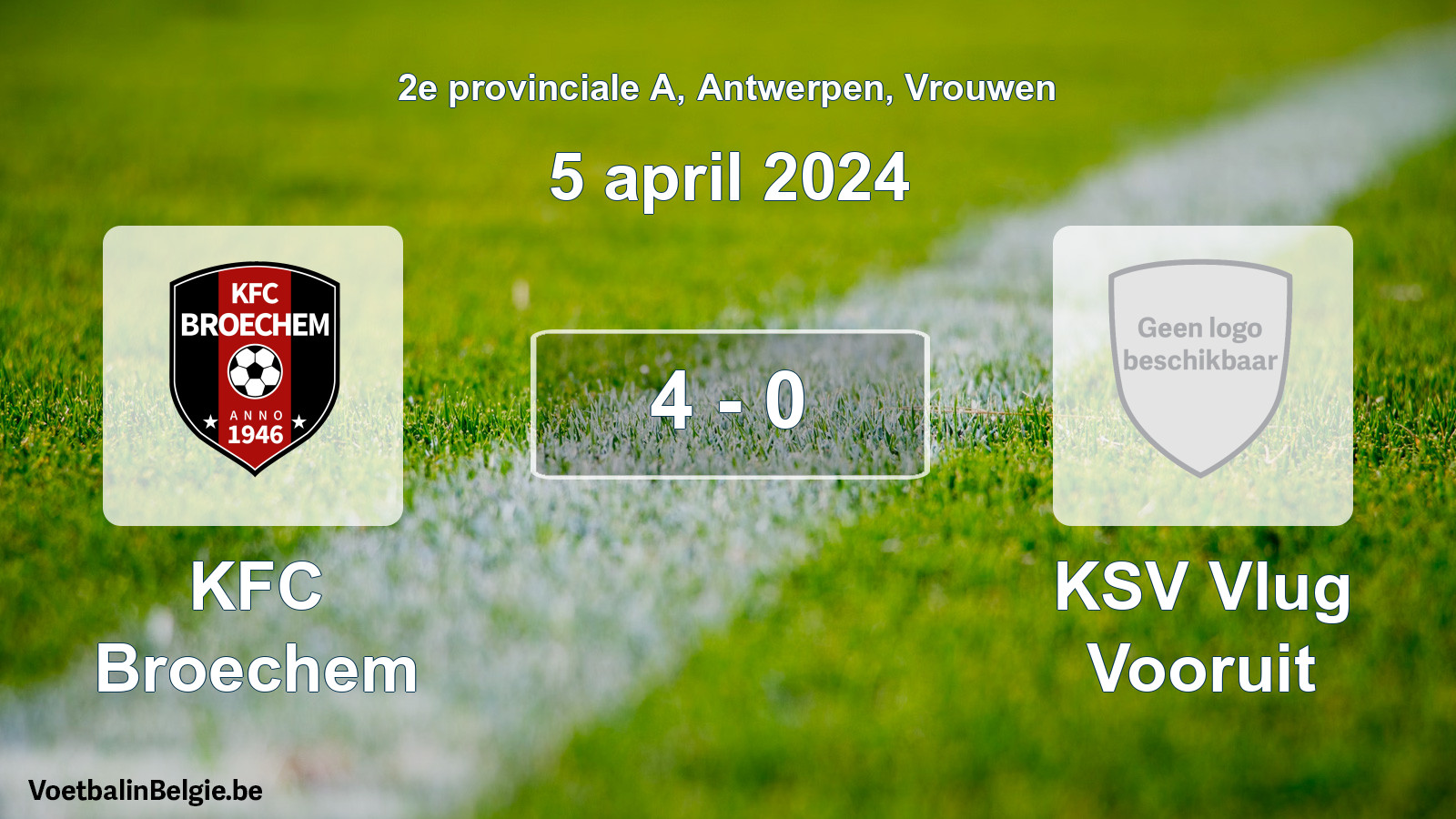 Gespeelde wedstrijd vrouwenvoetbal: KFC Broechem - KSV Vlug Vooruit 4 - 0 (5 april 2024)