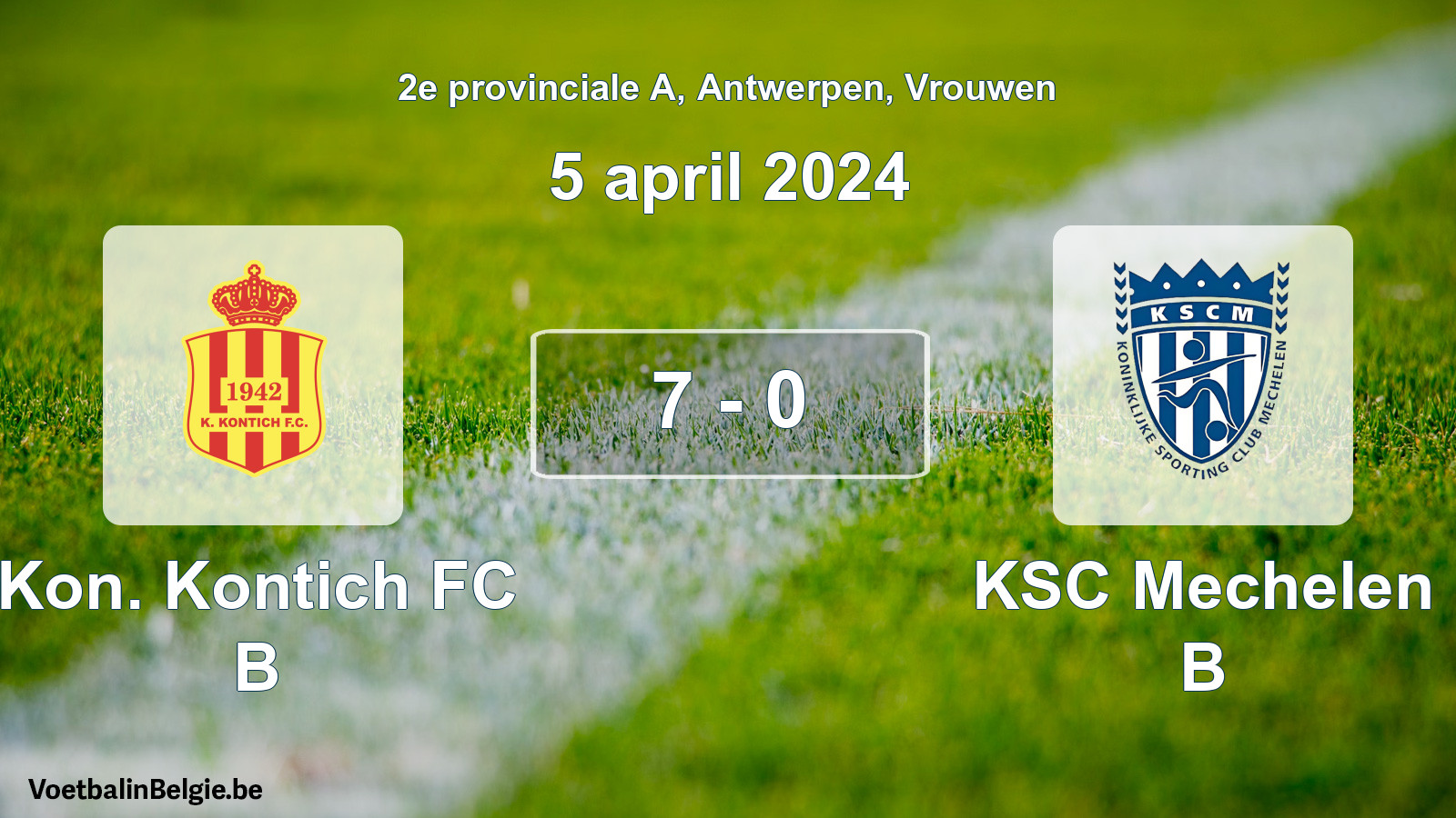 Gespeelde wedstrijd vrouwenvoetbal: Kon. Kontich FC B - KSC Mechelen B 7 - 0 (5 april 2024)