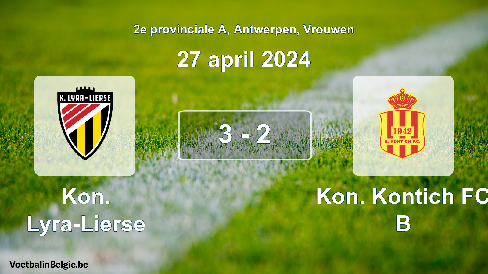 Gespeelde wedstrijd vrouwenvoetbal: Kon. Lyra-Lierse - Kon. Kontich FC B 3 - 2 (27 april 2024)