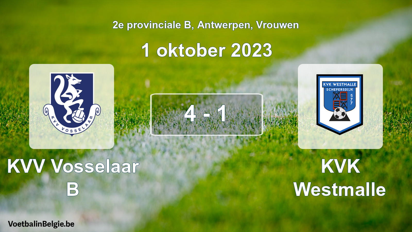Gespeelde wedstrijd vrouwenvoetbal: KVV Vosselaar B - KVK Westmalle 4 - 1 (1 oktober 2023)