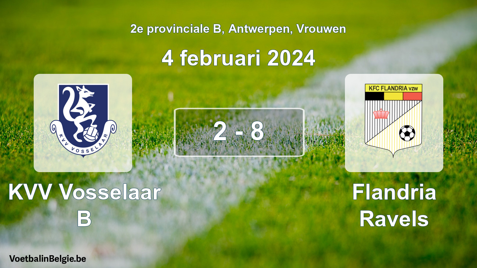 Gespeelde wedstrijd vrouwenvoetbal: KVV Vosselaar B - Flandria Ravels 2 - 8 (4 februari 2024)