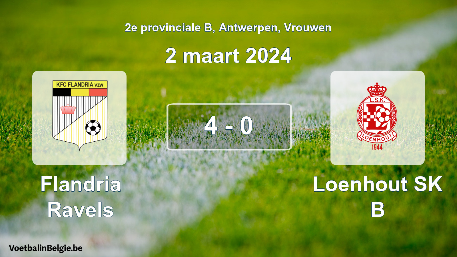 Gespeelde wedstrijd vrouwenvoetbal: Flandria Ravels - Loenhout SK B 4 - 0 (2 maart 2024)