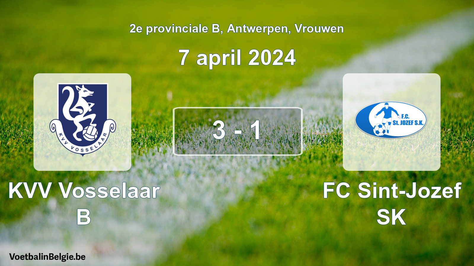 Gespeelde wedstrijd vrouwenvoetbal: KVV Vosselaar B - FC Sint-Jozef SK 3 - 1 (7 april 2024)
