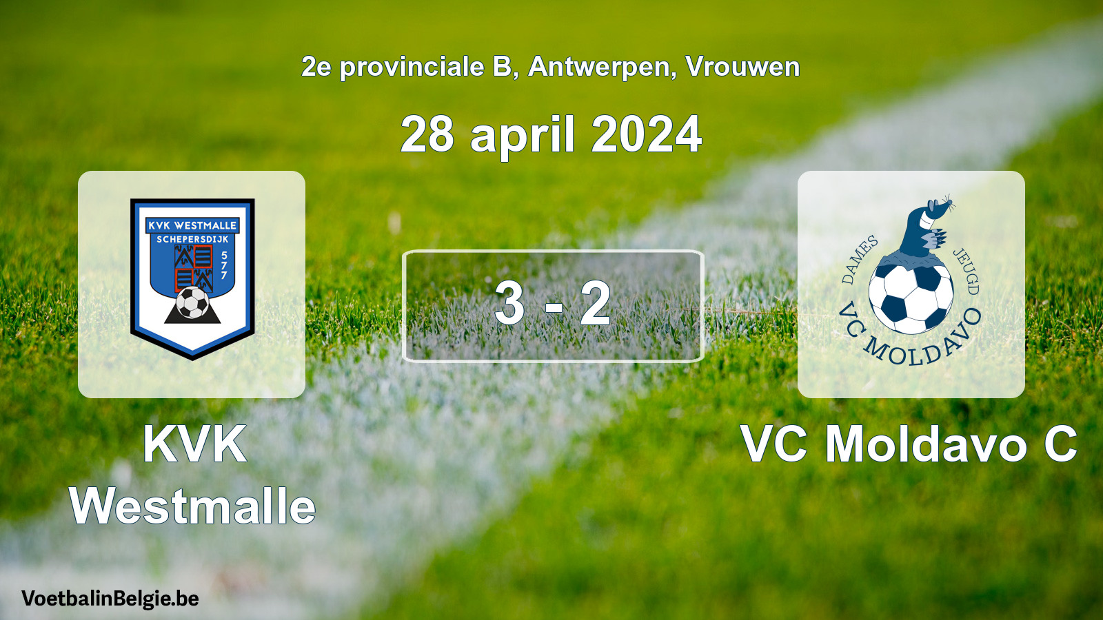 Gespeelde wedstrijd vrouwenvoetbal: KVK Westmalle - VC Moldavo C 3 - 2 (28 april 2024)