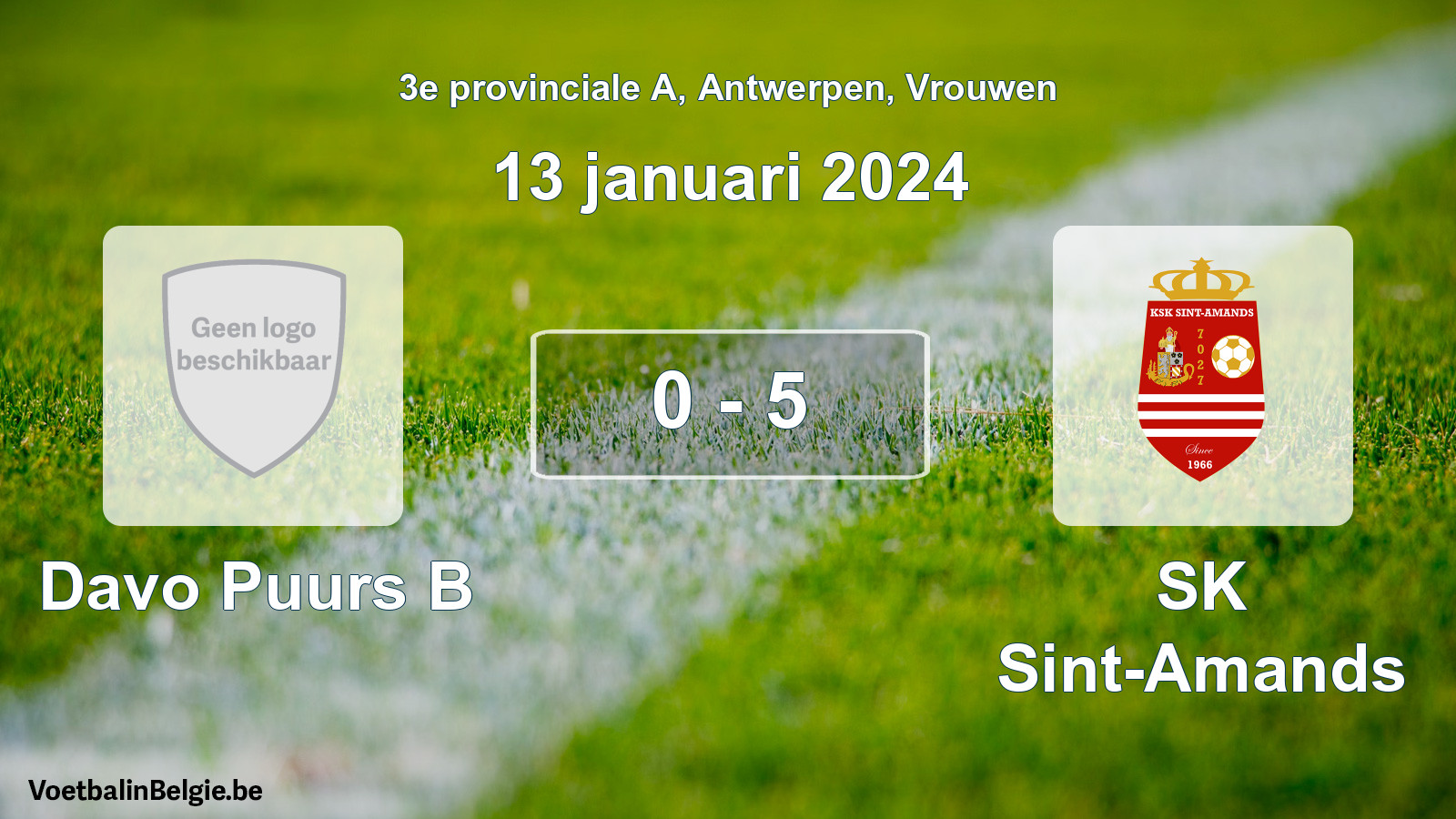 Gespeelde wedstrijd vrouwenvoetbal: Davo Puurs B - SK Sint-Amands 0 - 5 (13 januari 2024)