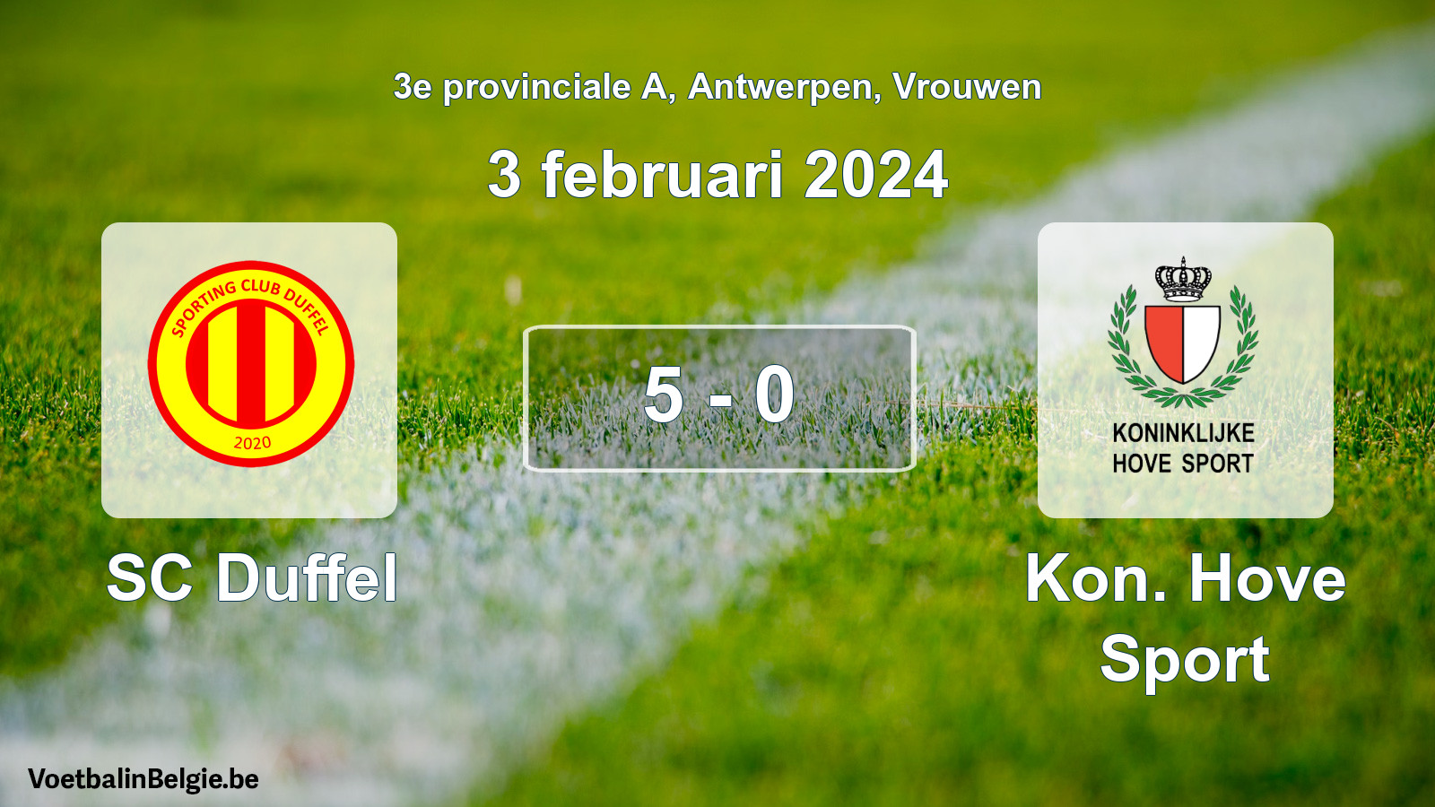 Gespeelde wedstrijd vrouwenvoetbal: SC Duffel - Kon. Hove Sport 5 - 0 (3 februari 2024)