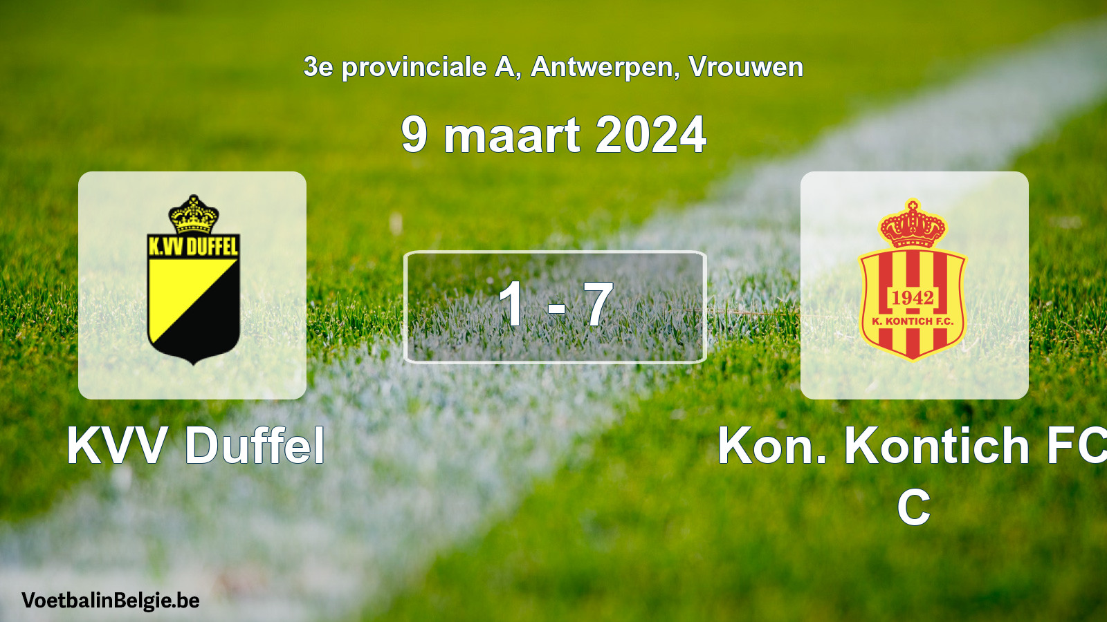 Gespeelde wedstrijd vrouwenvoetbal: KVV Duffel - Kon. Kontich FC C 1 - 7 (9 maart 2024)