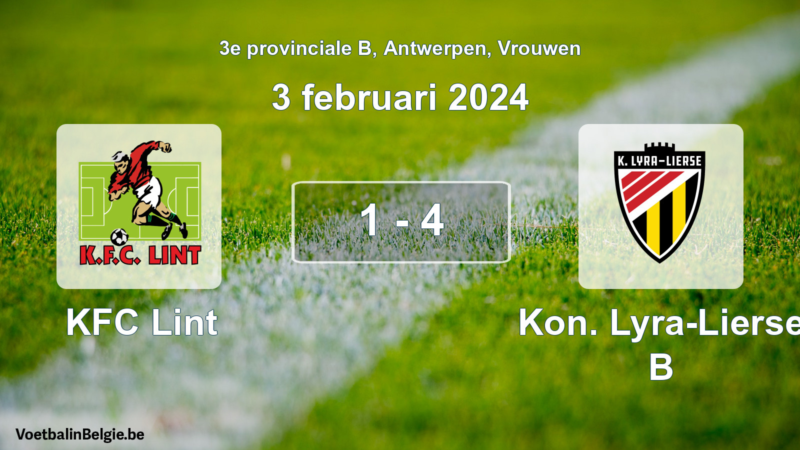 Gespeelde wedstrijd vrouwenvoetbal: KFC Lint - Kon. Lyra-Lierse B 1 - 4 (3 februari 2024)