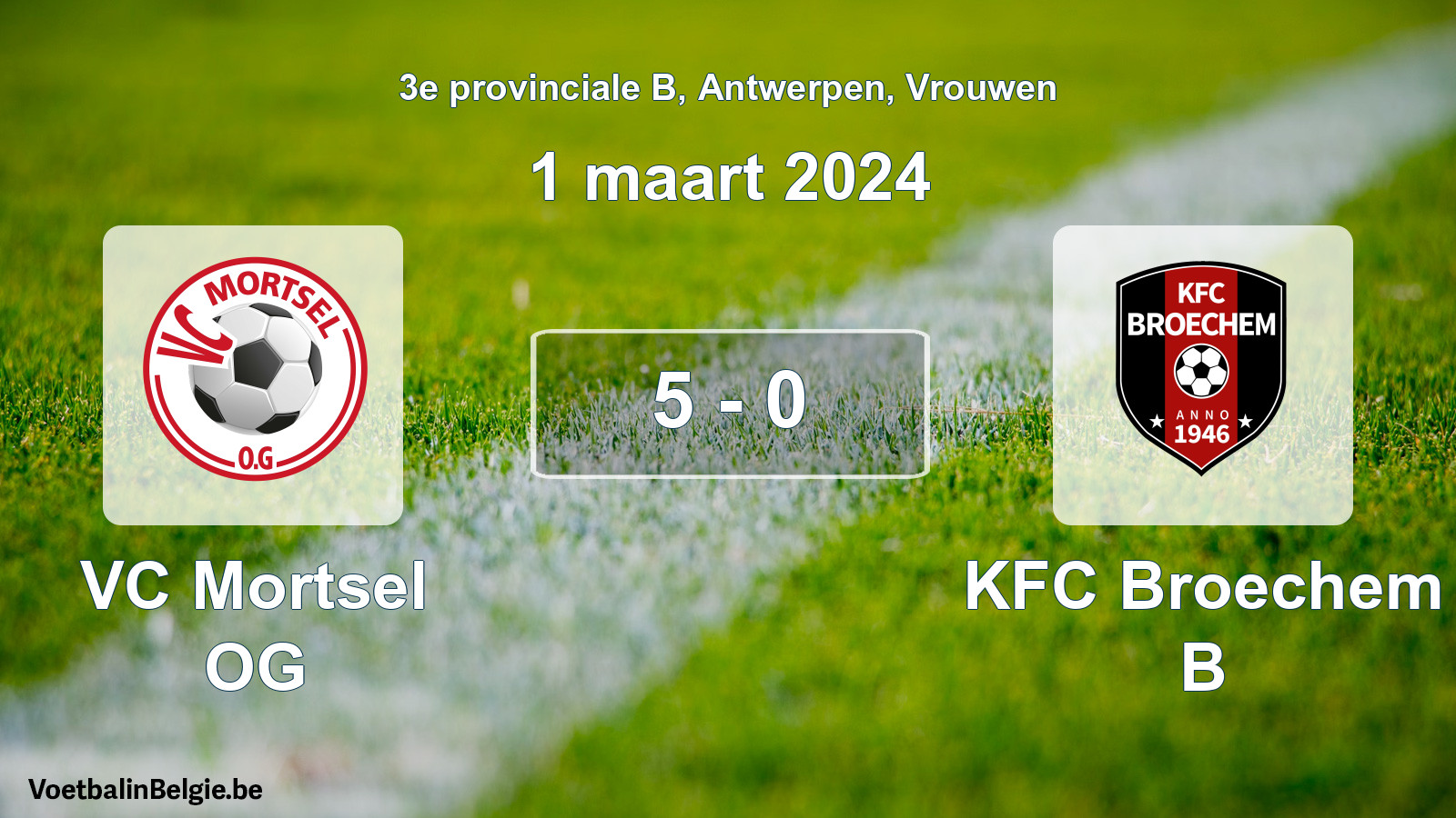 Gespeelde wedstrijd vrouwenvoetbal: VC Mortsel OG - KFC Broechem B 5 - 0 (1 maart 2024)