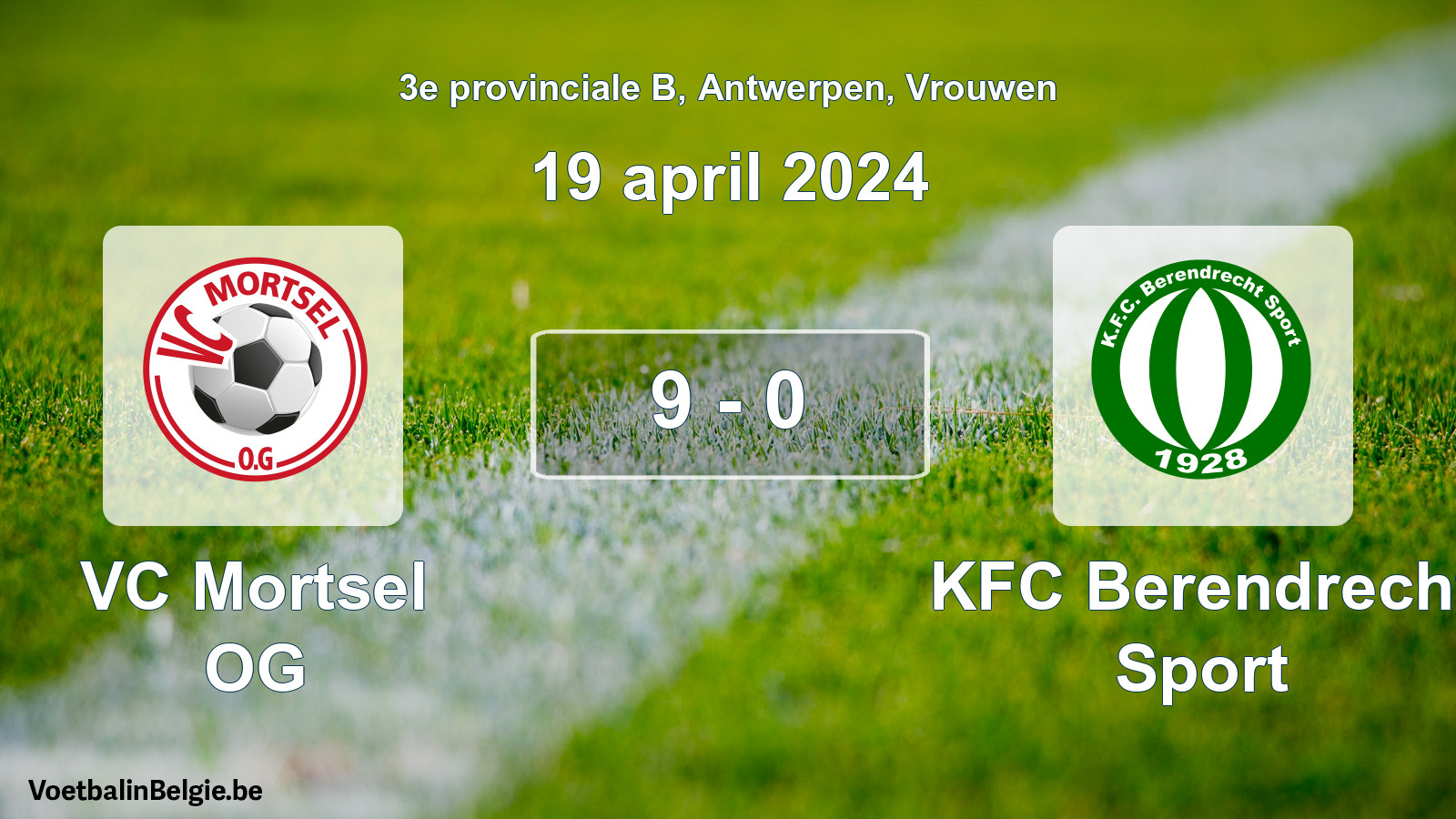 Gespeelde wedstrijd vrouwenvoetbal: VC Mortsel OG - KFC Berendrecht Sport 9 - 0 (19 april 2024)
