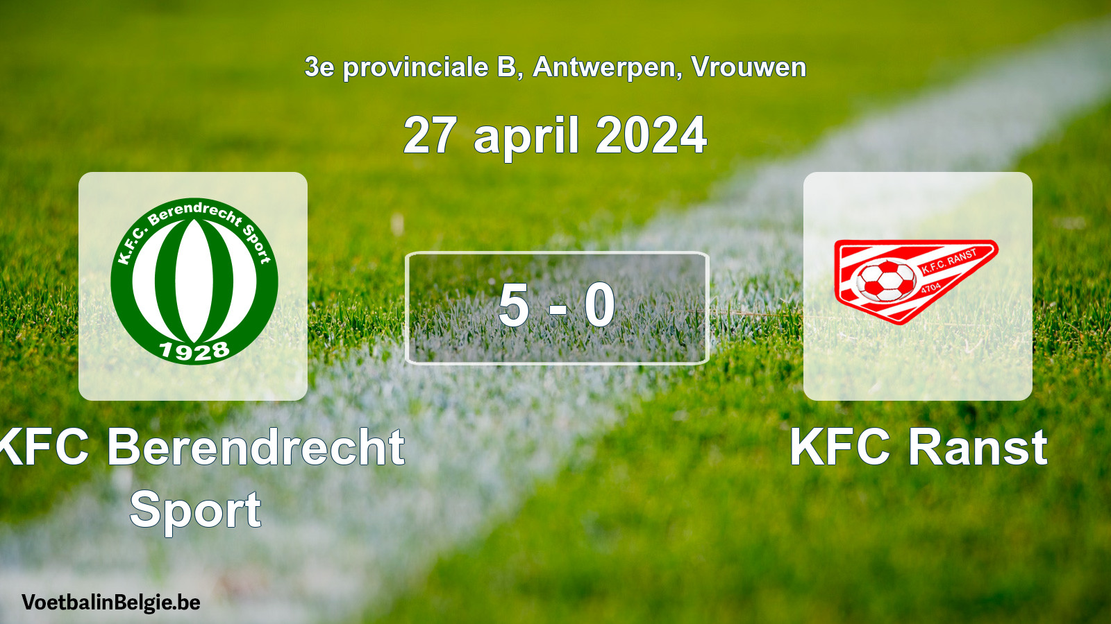 Gespeelde wedstrijd vrouwenvoetbal: KFC Berendrecht Sport - KFC Ranst 5 - 0 (27 april 2024)