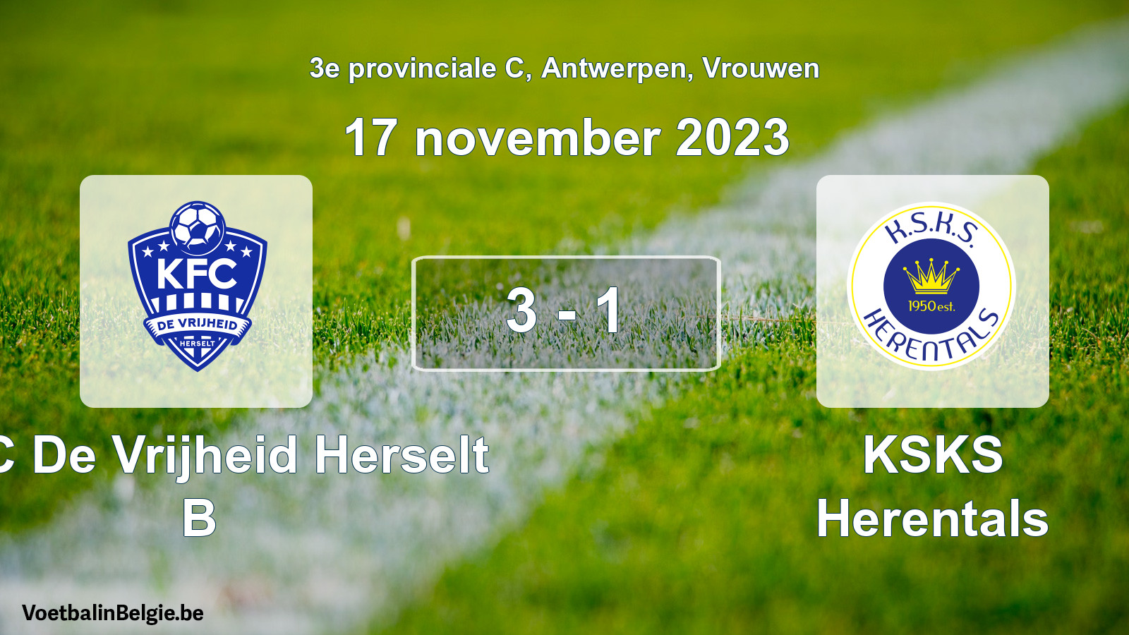 Gespeelde wedstrijd vrouwenvoetbal: KFC De Vrijheid Herselt B - KSKS Herentals 3 - 1 (17 november 2023)