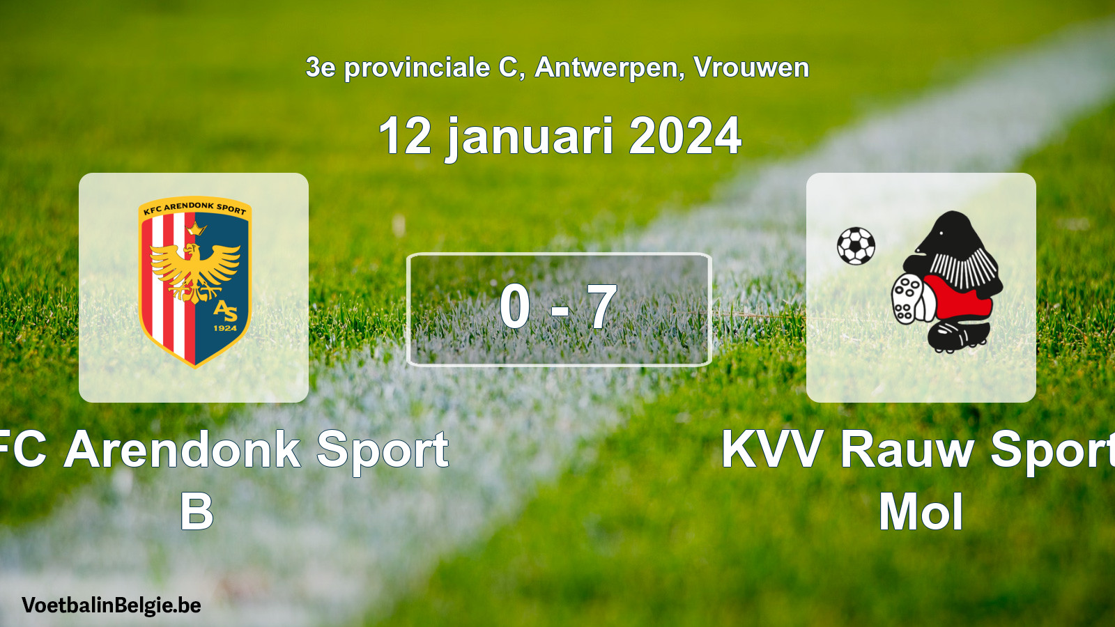 Gespeelde wedstrijd vrouwenvoetbal: KFC Arendonk Sport B - KVV Rauw Sport Mol 0 - 7 (12 januari 2024)