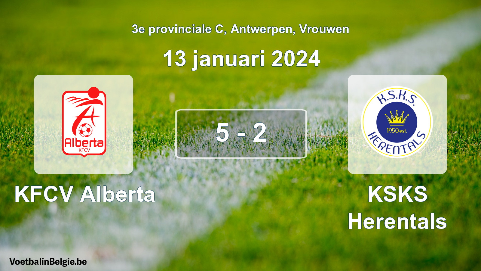 Gespeelde wedstrijd vrouwenvoetbal: KFCV Alberta - KSKS Herentals 5 - 2 (13 januari 2024)