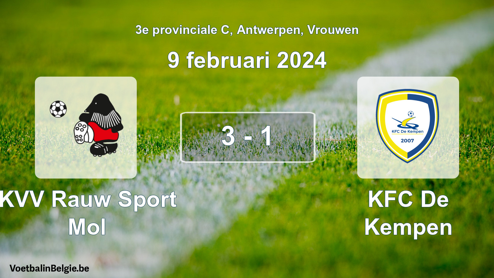 Gespeelde wedstrijd vrouwenvoetbal: KVV Rauw Sport Mol - KFC De Kempen 3 - 1 (9 februari 2024)