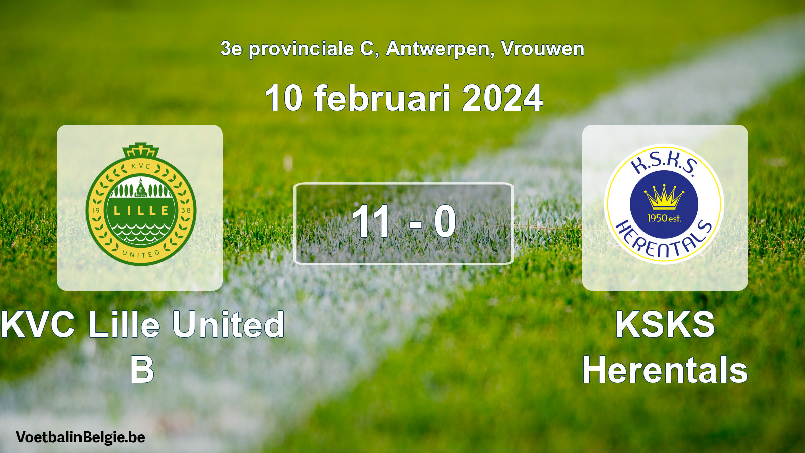 Gespeelde wedstrijd vrouwenvoetbal: KVC Lille United B - KSKS Herentals 11 - 0 (10 februari 2024)
