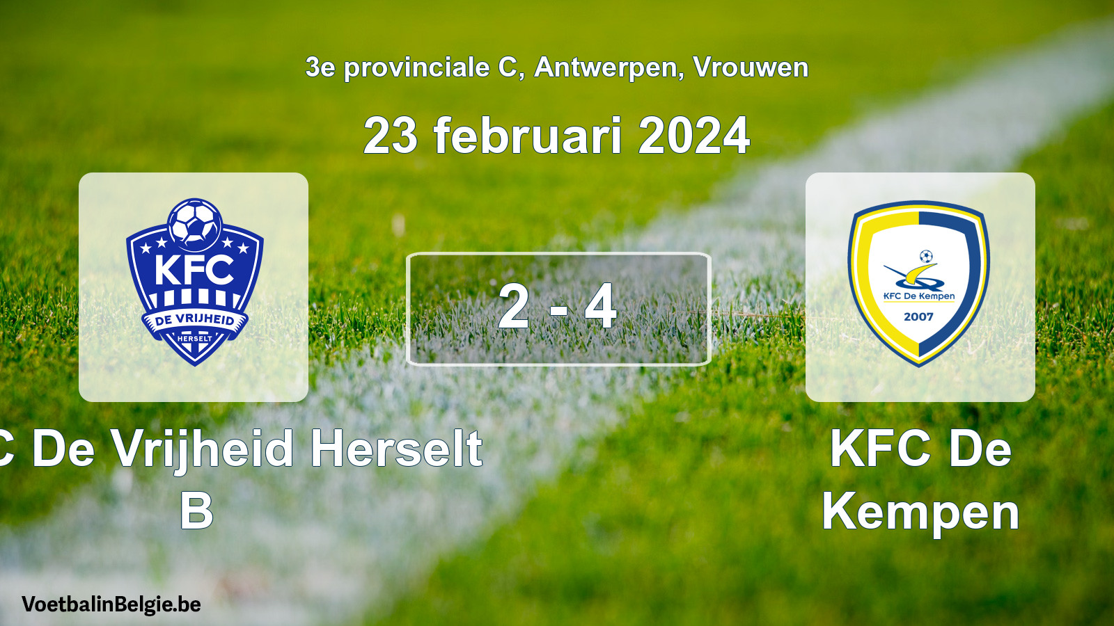 Gespeelde wedstrijd vrouwenvoetbal: KFC De Vrijheid Herselt B - KFC De Kempen 2 - 4 (23 februari 2024)