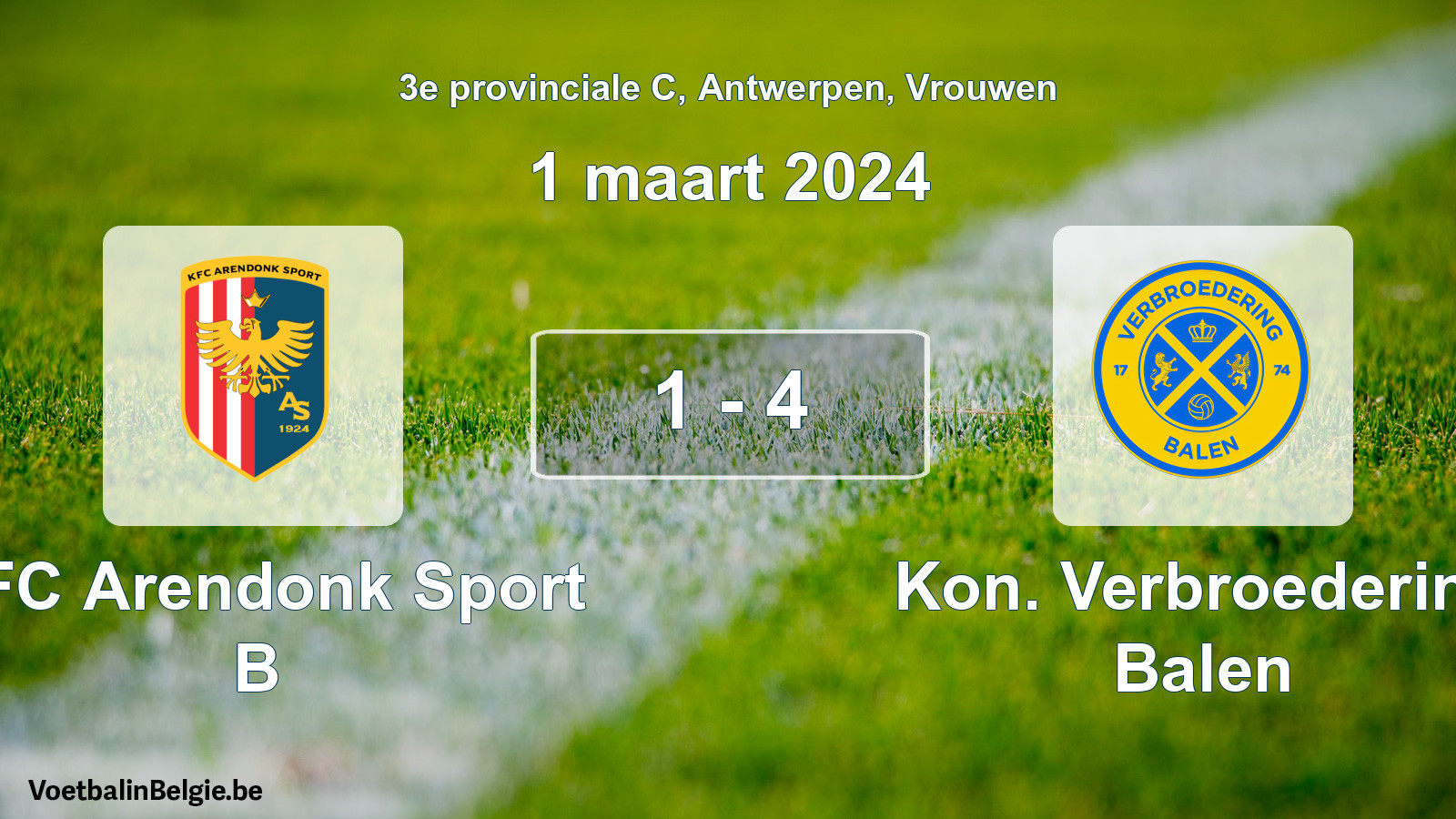 Gespeelde wedstrijd vrouwenvoetbal: KFC Arendonk Sport B - Kon. Verbroedering Balen 1 - 4 (1 maart 2024)