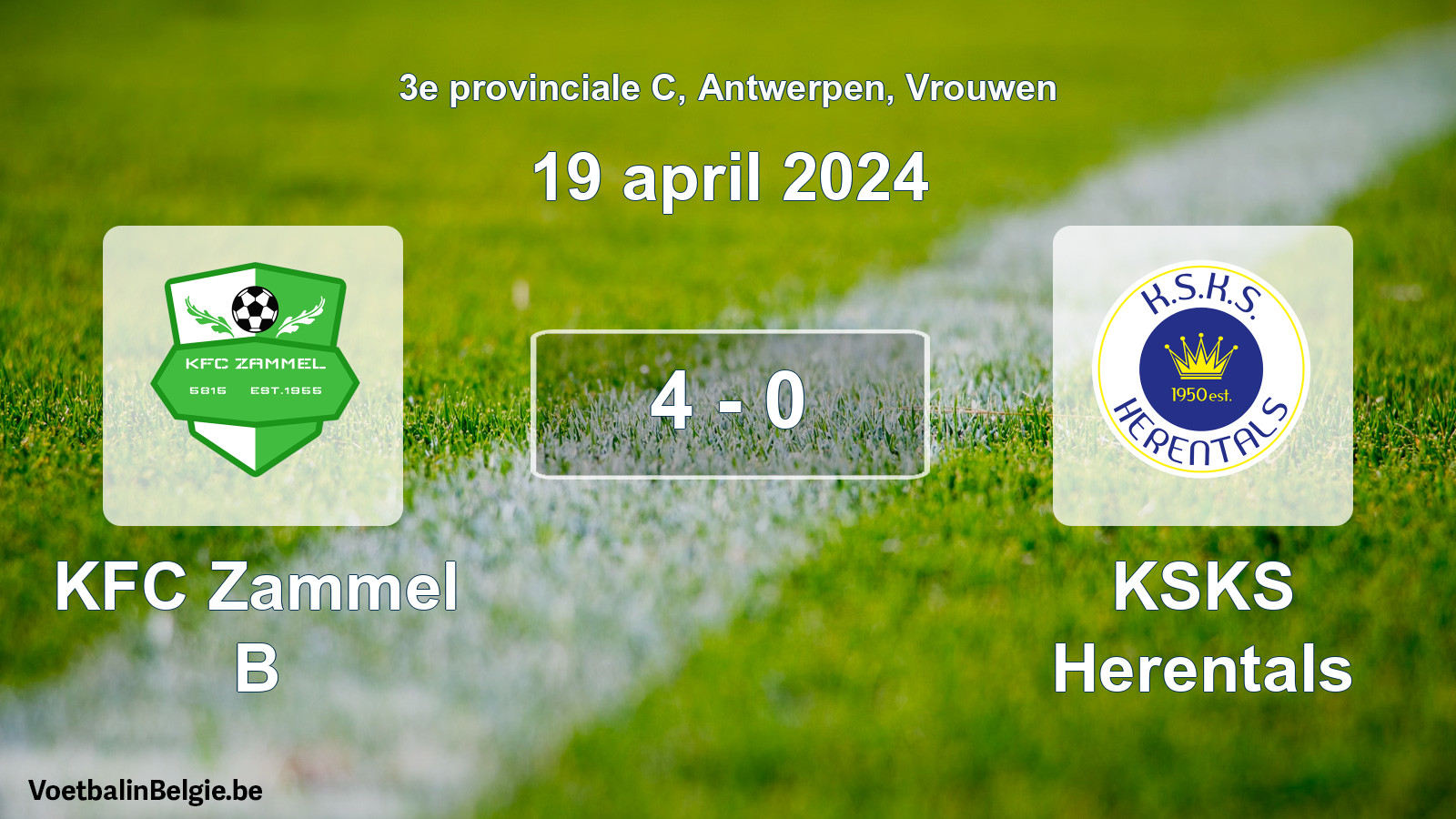 Gespeelde wedstrijd vrouwenvoetbal: KFC Zammel B - KSKS Herentals 4 - 0 (19 april 2024)