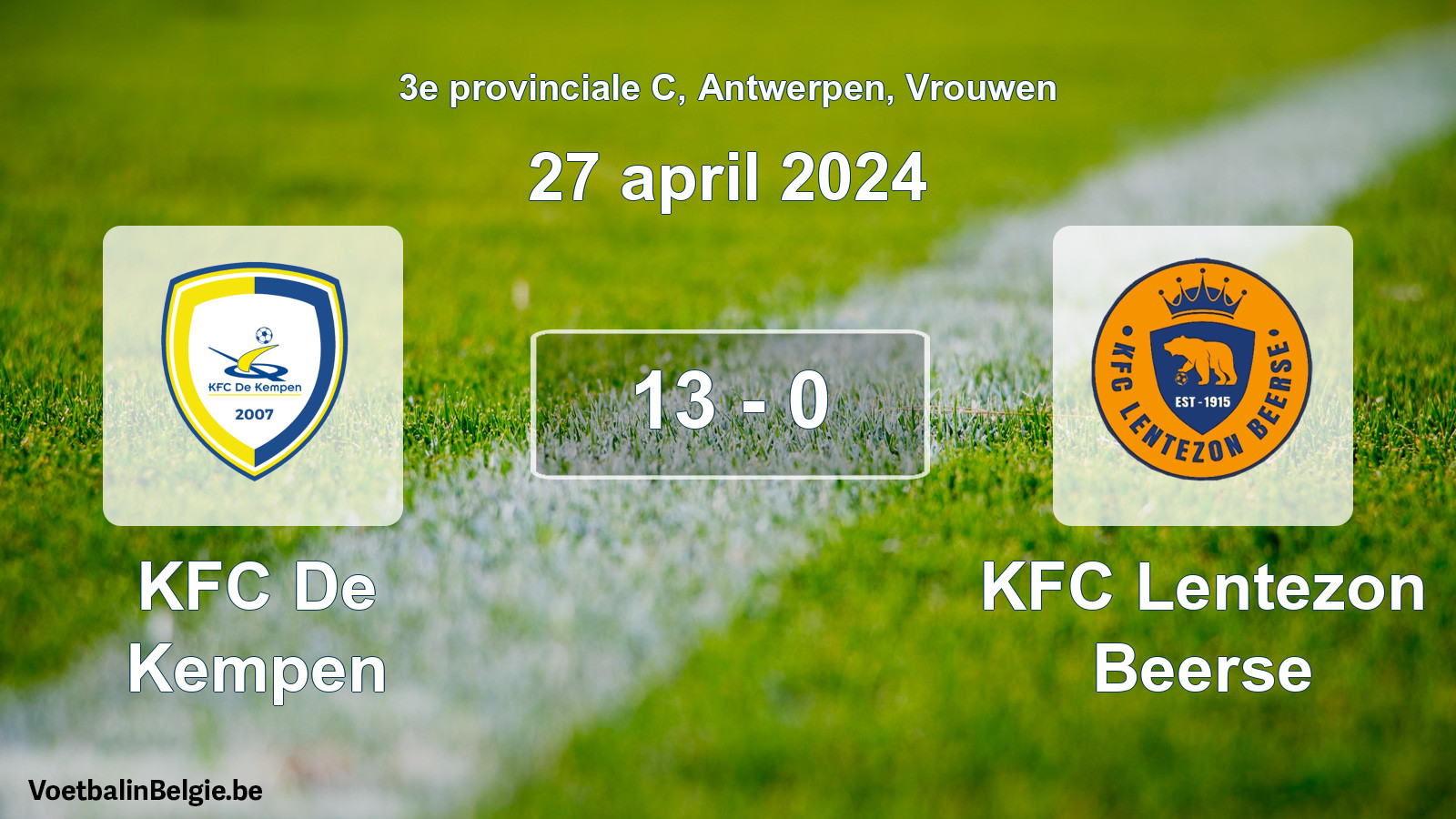 Gespeelde wedstrijd vrouwenvoetbal: KFC De Kempen - KFC Lentezon Beerse 13 - 0 (27 april 2024)