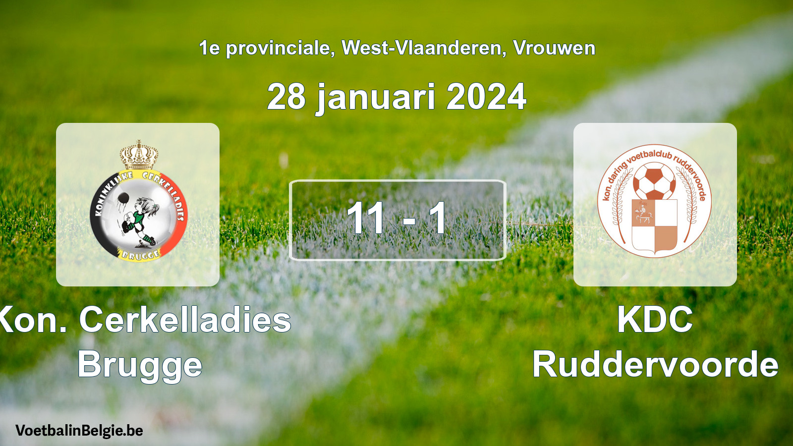 Played match women football: Kon. Cerkelladies Brugge - KDC Ruddervoorde 11 - 1 (28 January 2024)