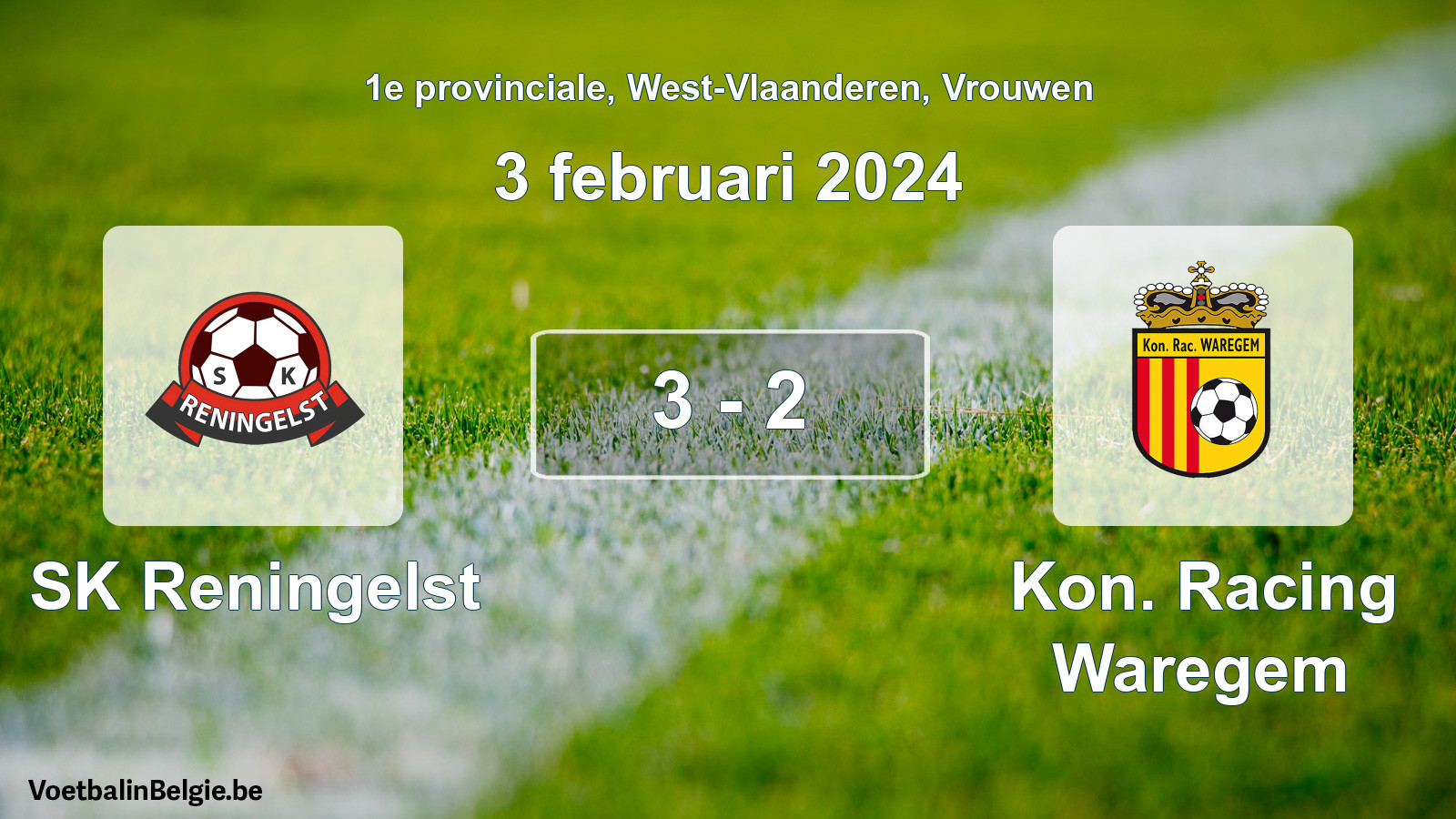 Gespeelde wedstrijd vrouwenvoetbal: SK Reningelst - Kon. Racing Waregem 3 - 2 (3 februari 2024)