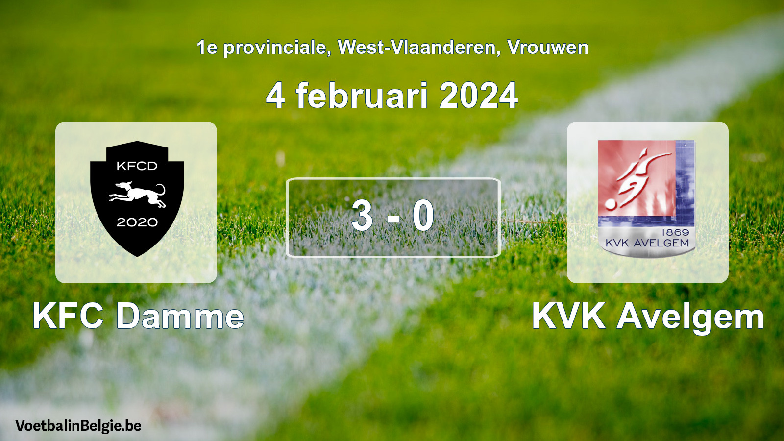 Gespeelde wedstrijd vrouwenvoetbal: KFC Damme - KVK Avelgem 3 - 0 (4 februari 2024)