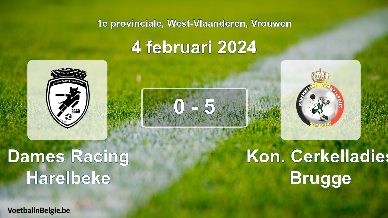 Gespeelde wedstrijd vrouwenvoetbal: Dames Racing Harelbeke - Kon. Cerkelladies Brugge 0 - 5 (4 februari 2024)