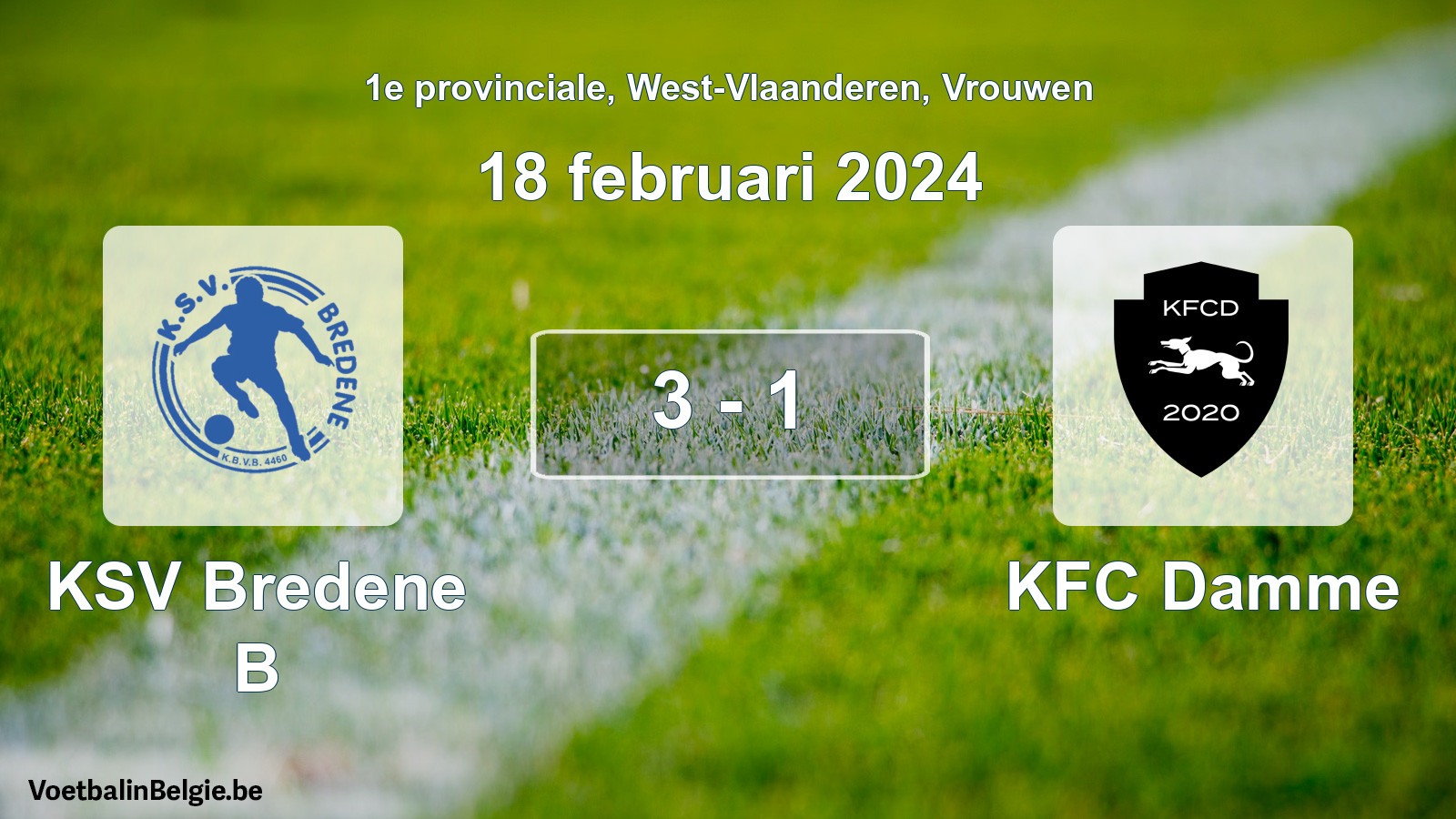 Gespeelde wedstrijd vrouwenvoetbal: KSV Bredene B - KFC Damme 3 - 1 (18 februari 2024)