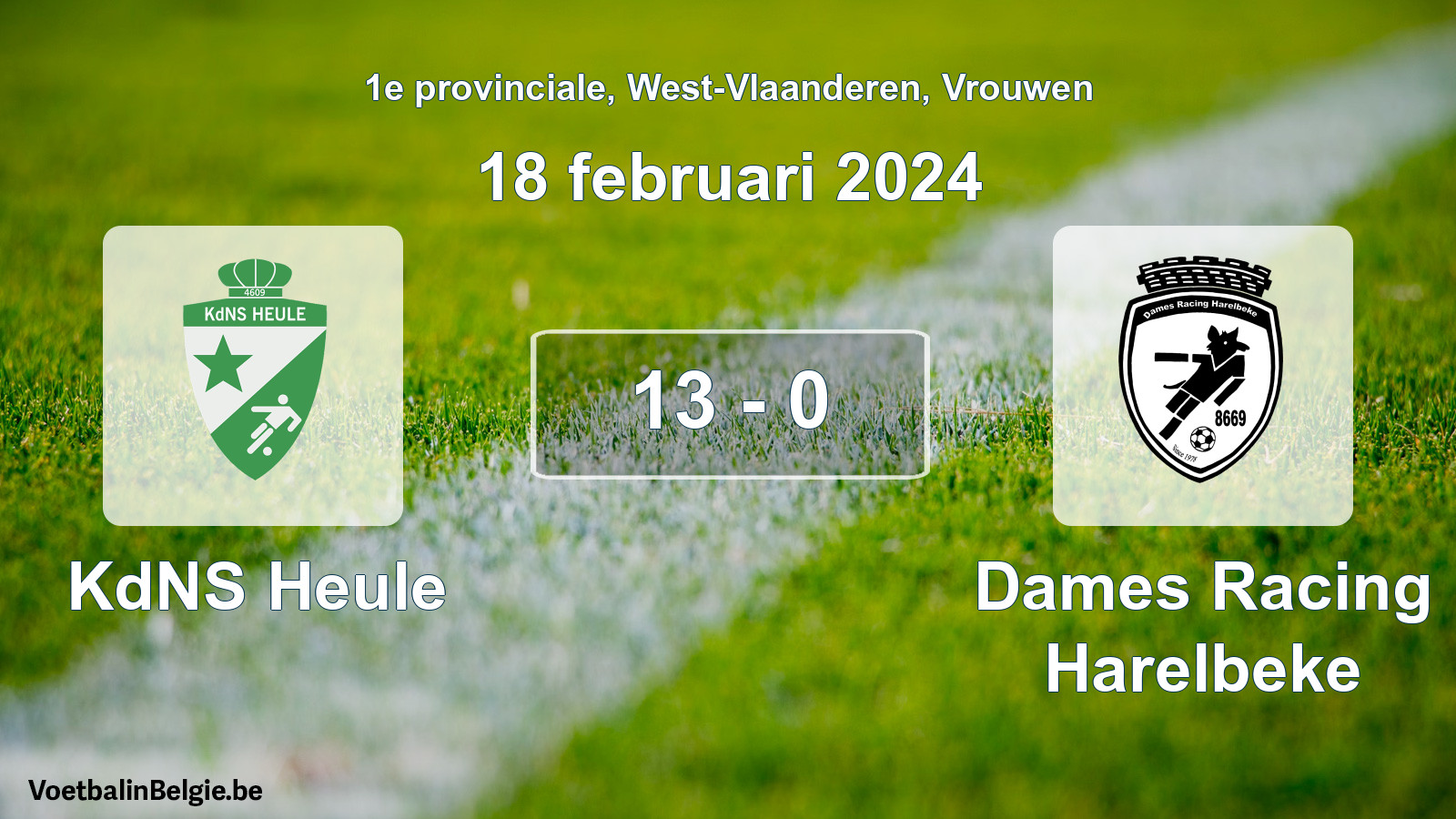 Gespeelde wedstrijd vrouwenvoetbal: KdNS Heule - Dames Racing Harelbeke 13 - 0 (18 februari 2024)