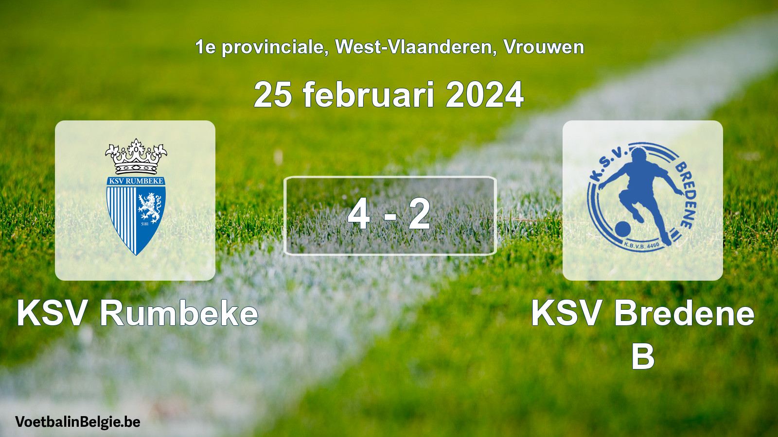 Gespeelde wedstrijd vrouwenvoetbal: KSV Rumbeke - KSV Bredene B 4 - 2 (25 februari 2024)