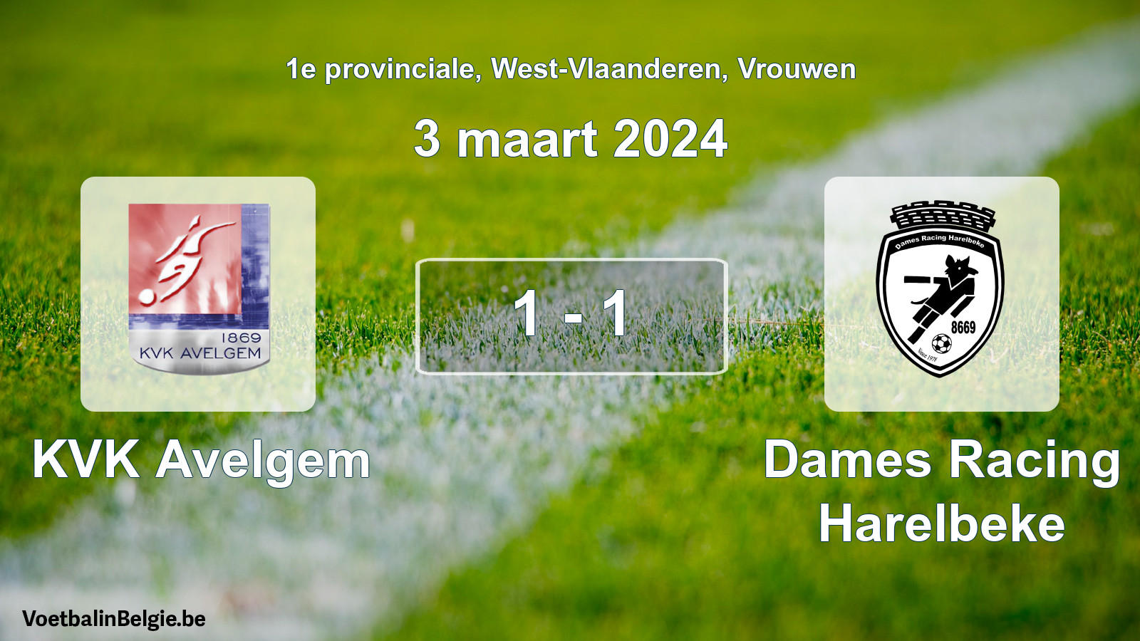 Gespeelde wedstrijd vrouwenvoetbal: KVK Avelgem - Dames Racing Harelbeke 1 - 1 (3 maart 2024)
