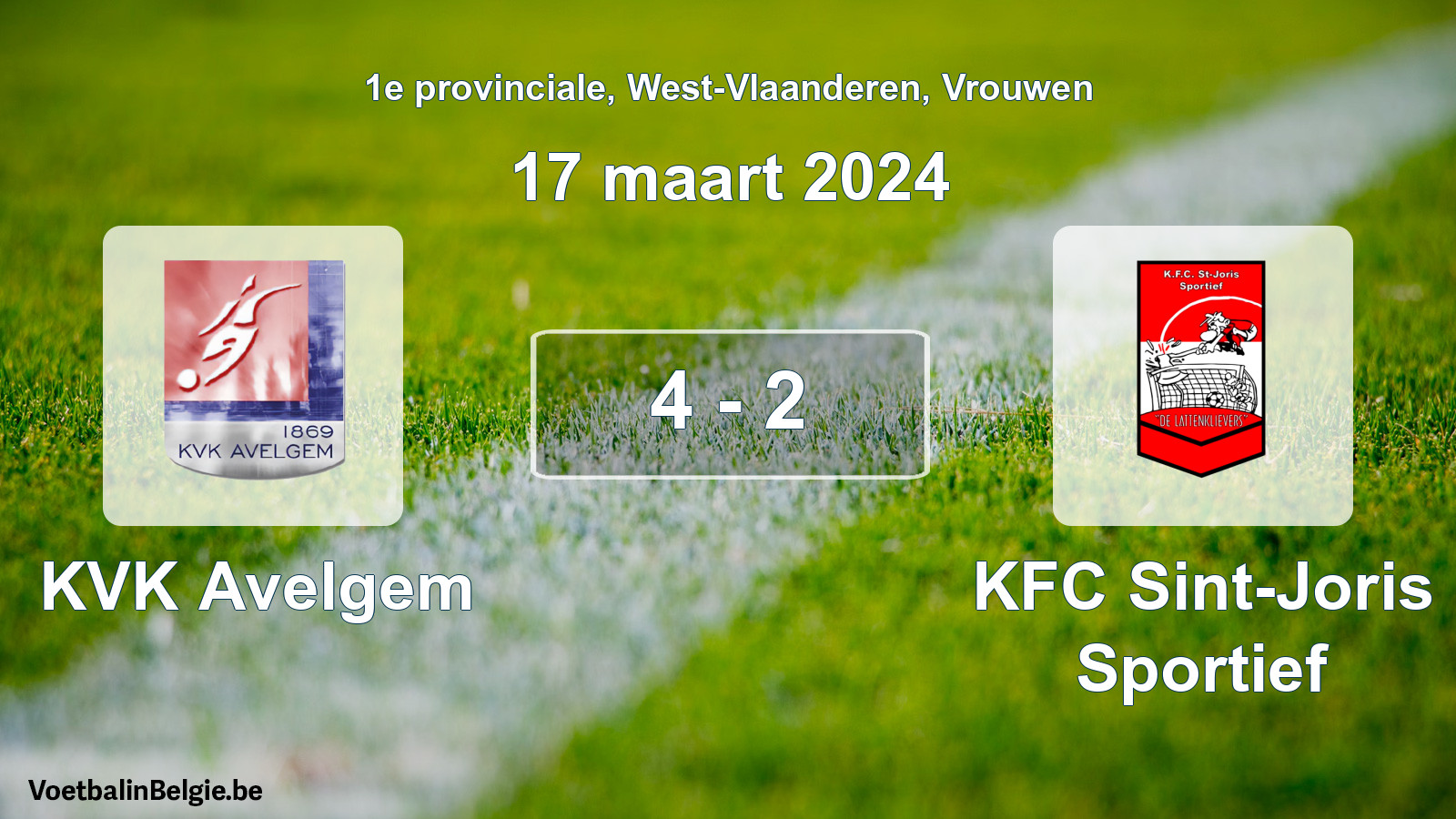 Gespeelde wedstrijd vrouwenvoetbal: KVK Avelgem - KFC Sint-Joris Sportief 4 - 2 (17 maart 2024)
