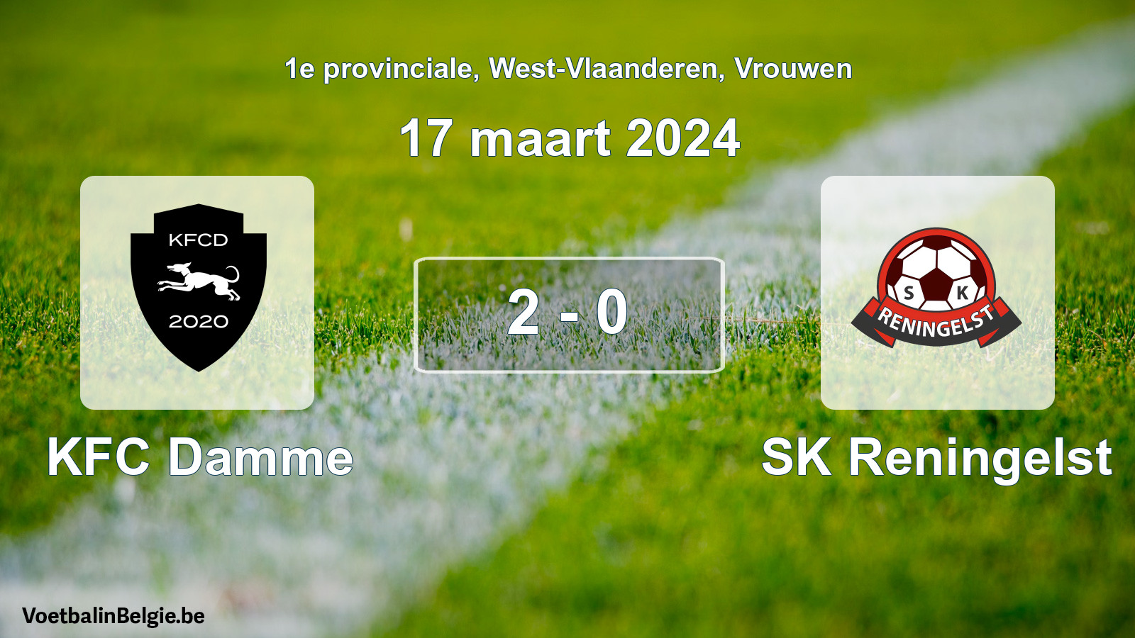 Gespeelde wedstrijd vrouwenvoetbal: KFC Damme - SK Reningelst 2 - 0 (17 maart 2024)